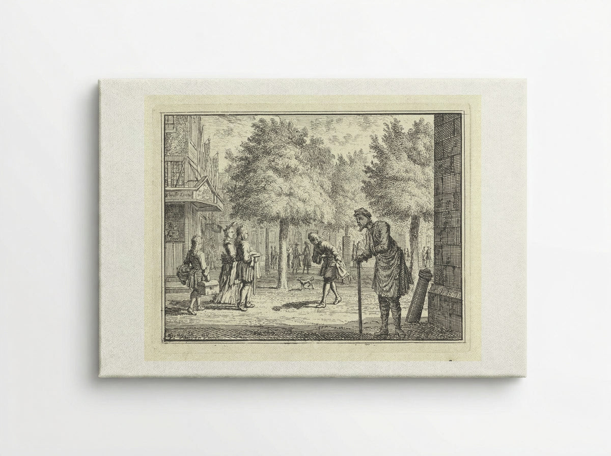 Arme man kijkt naar rijke figuren in een straat - Vincent Laurensz. van der Vinne (II) - Canvas