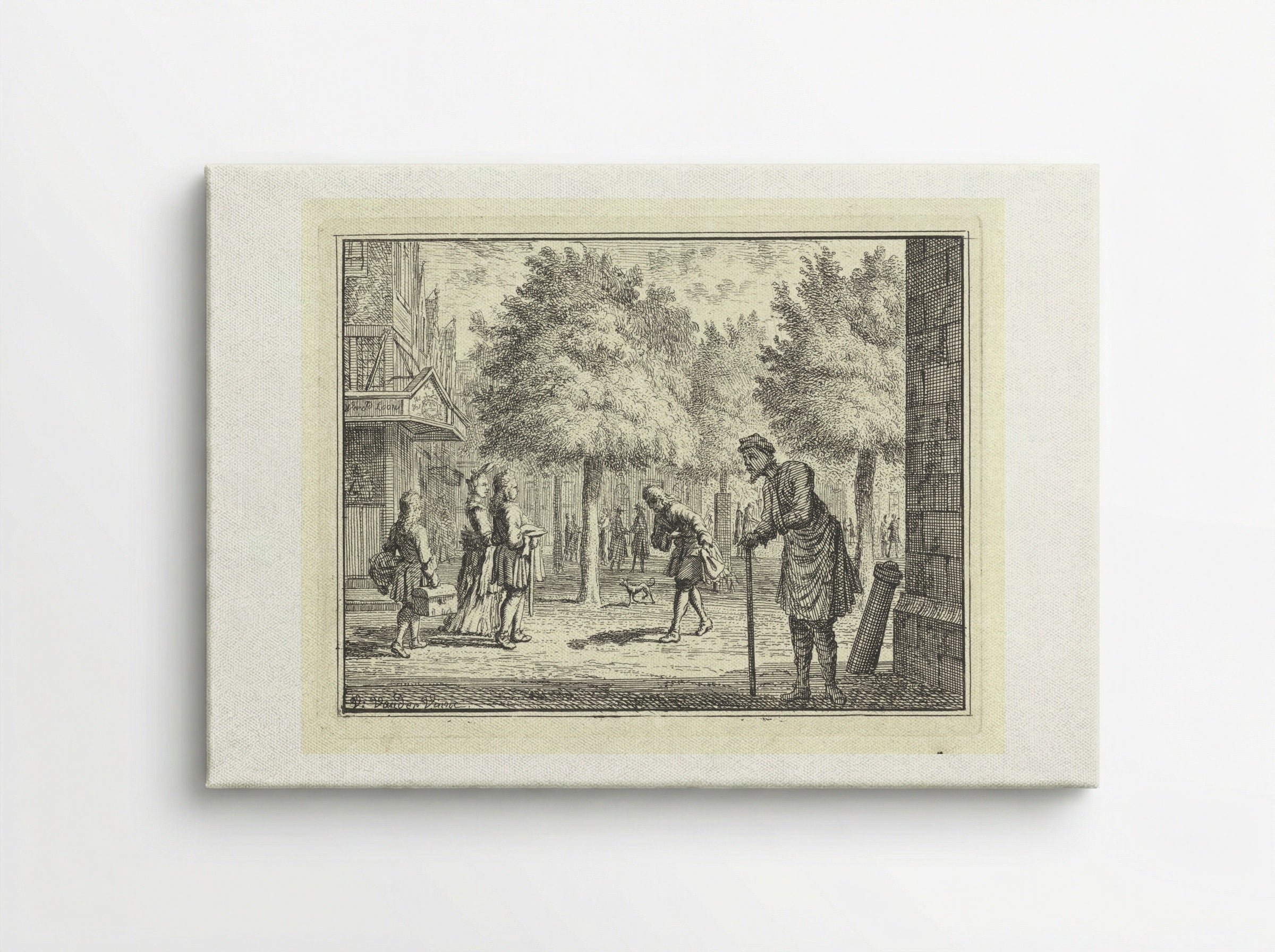 Arme man kijkt naar rijke figuren in een straat - Vincent Laurensz. van der Vinne (II) - Canvas