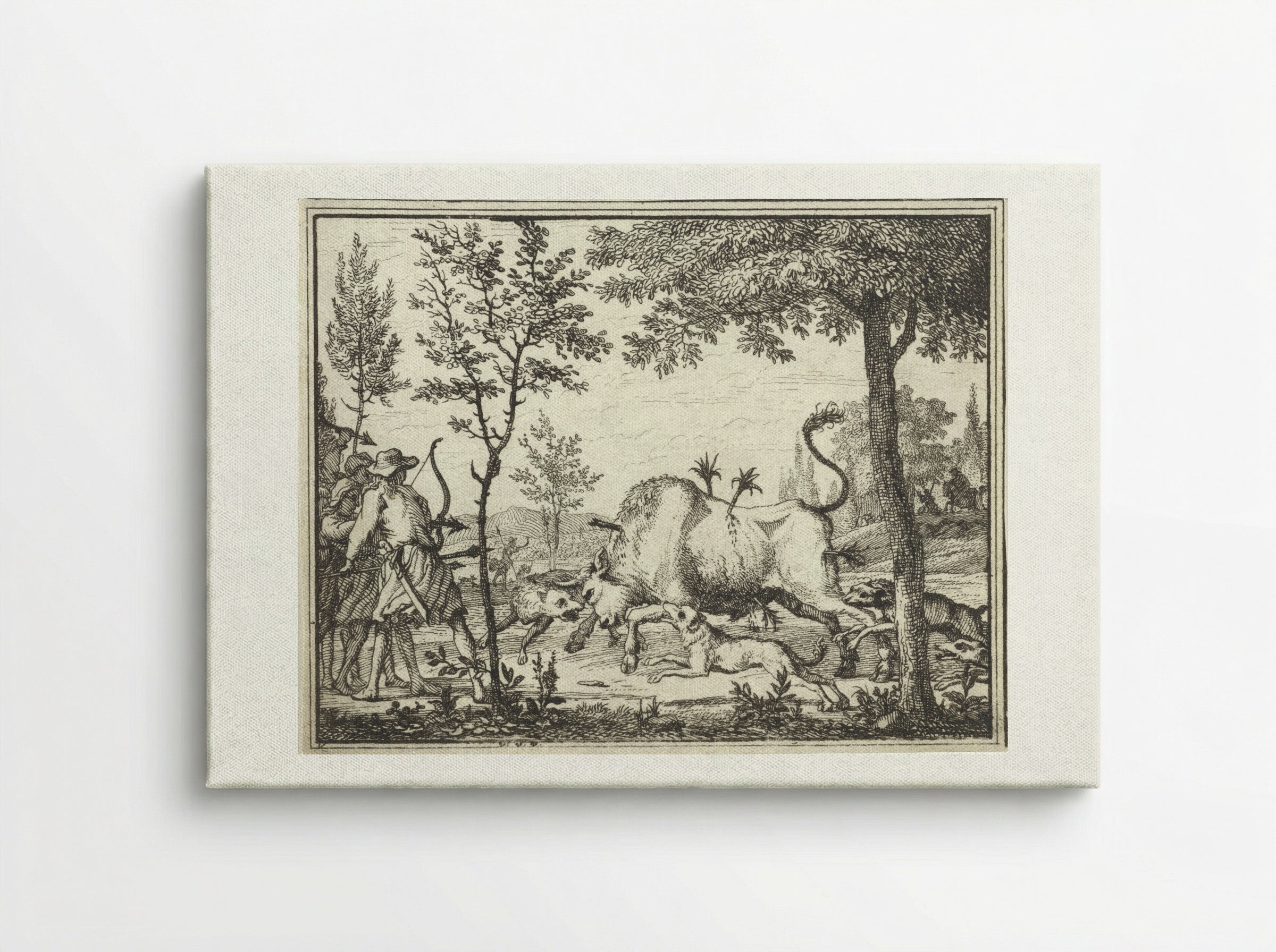 Hunters with Dogs Shooting Arrows at a Bull - Vincent Laurensz. van der Vinne (II) - Canvas