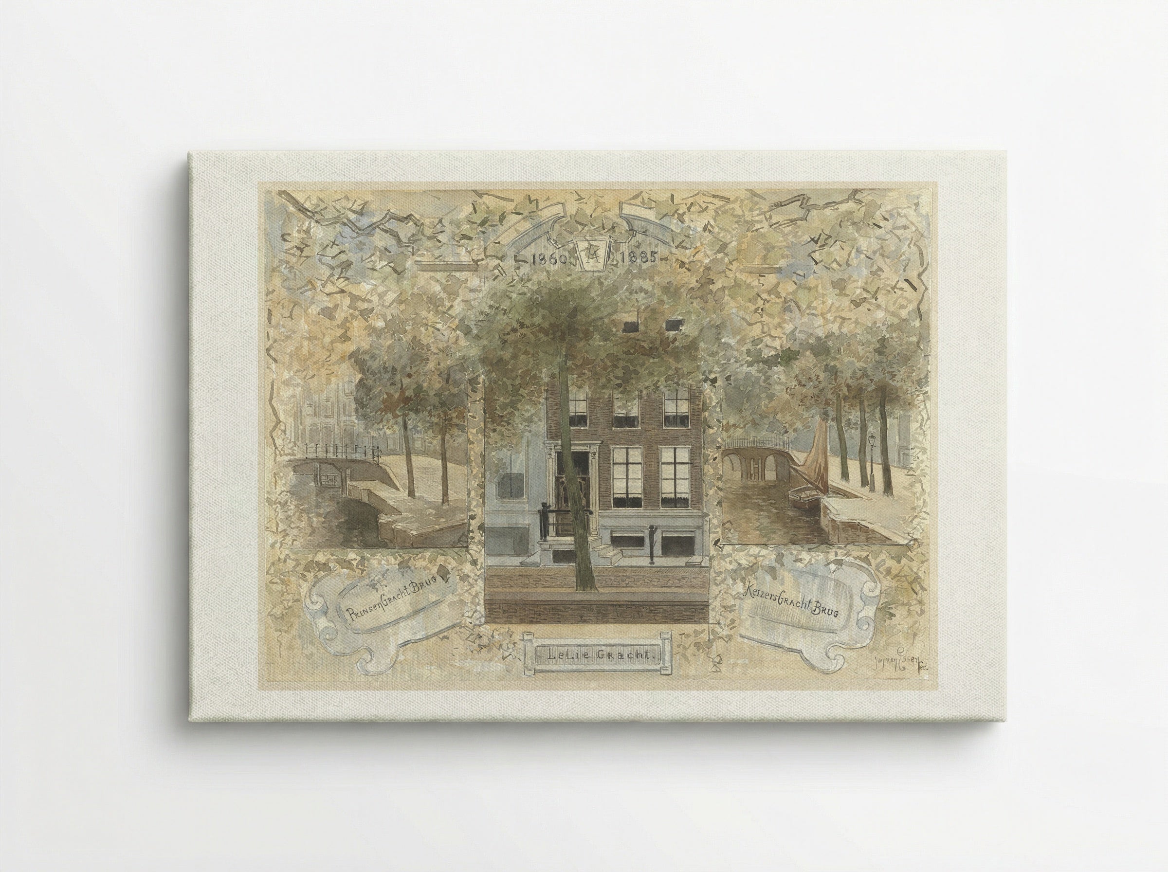 Huis op de Leliegracht, geflankeerd door de bruggen over de Prinsengracht en de Keizersgracht - Jan van Essen - Canvas