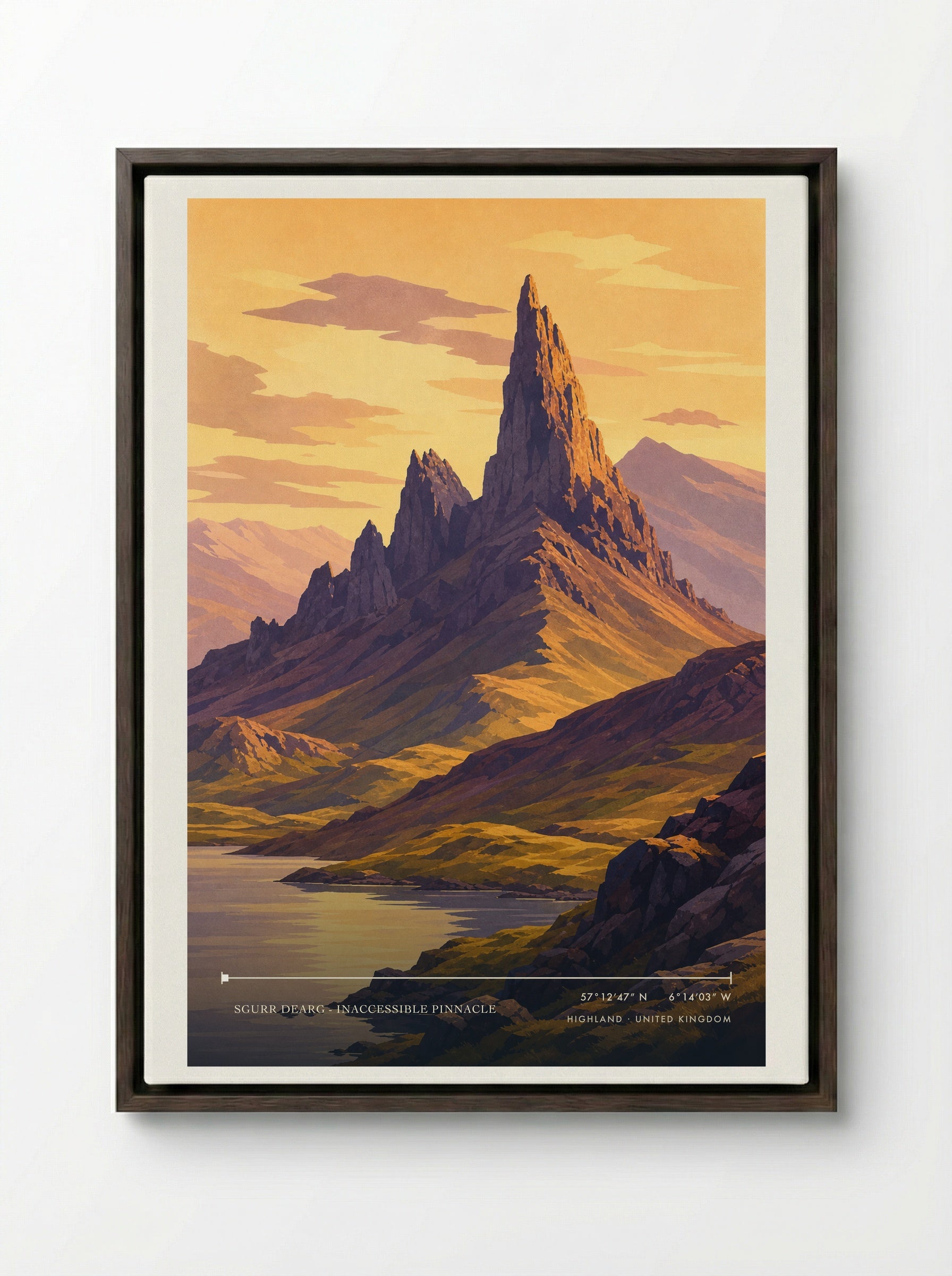 Sgurr Dearg - Inaccessible Pinnacle Highland United Kingdom Travel Poster - Framed Canvas Dark Wood