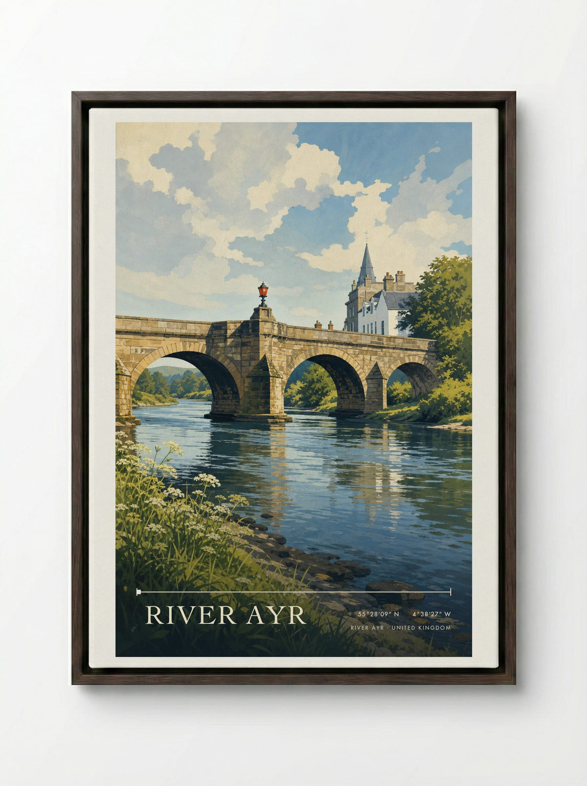 River Ayr United Kingdom Travel Poster - Framed Canvas Dark Wood