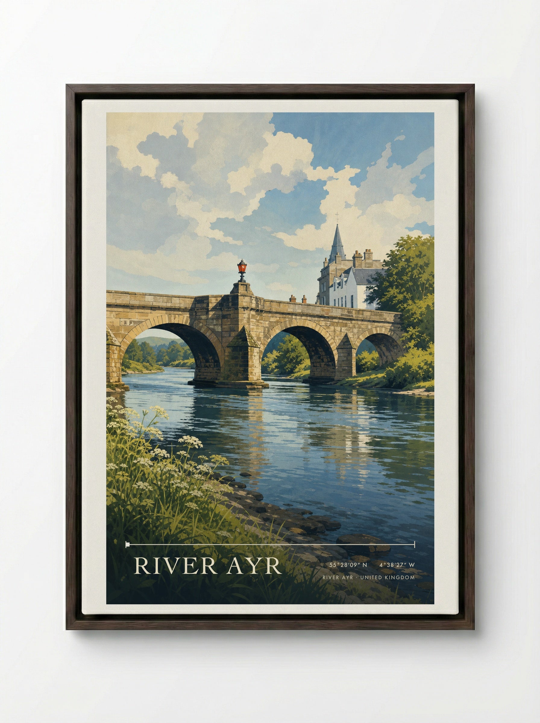 River Ayr United Kingdom Travel Poster - Framed Canvas Dark Wood