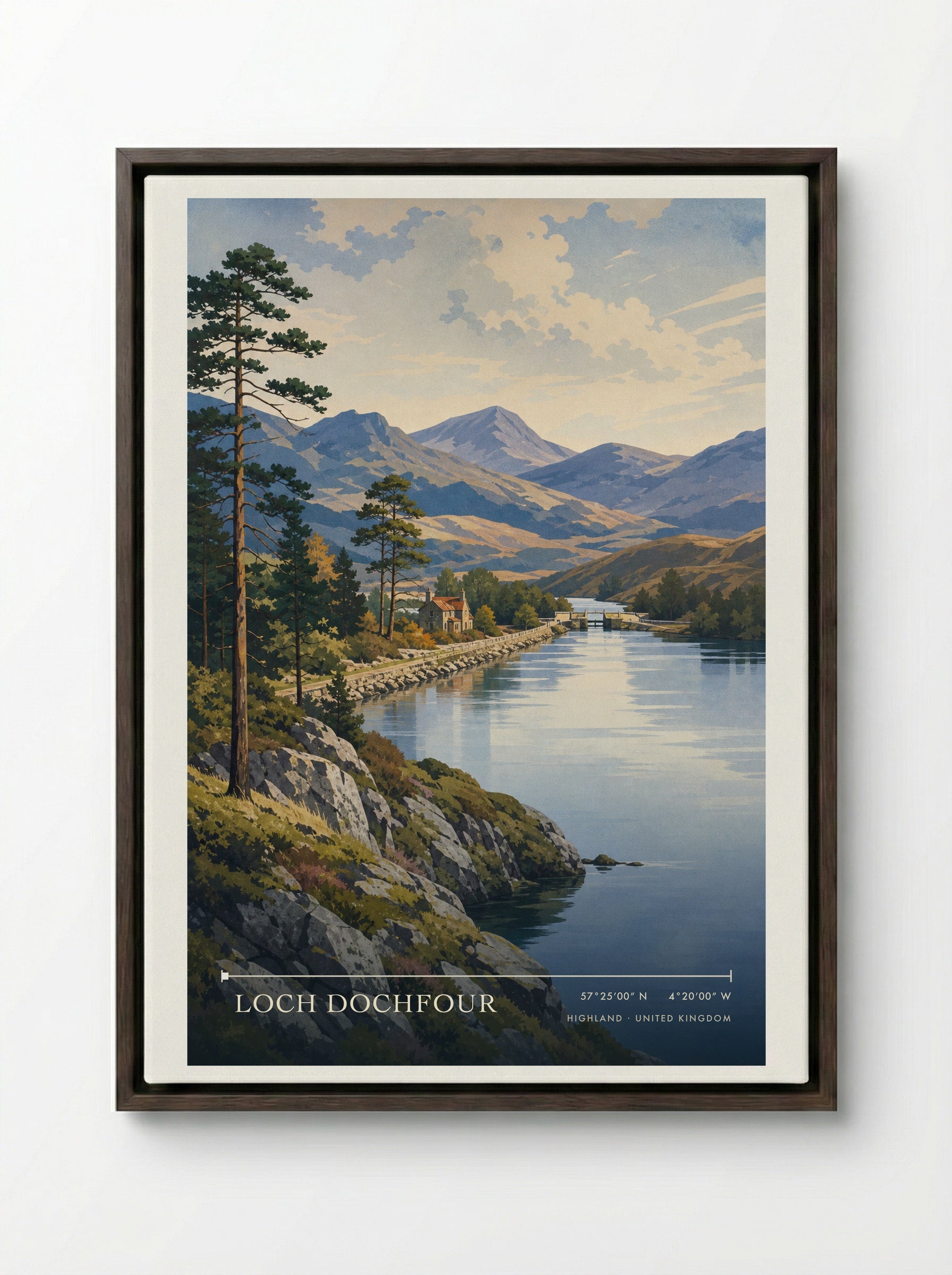 Loch Dochfour Highland United Kingdom Travel Poster - Framed Canvas Dark Wood