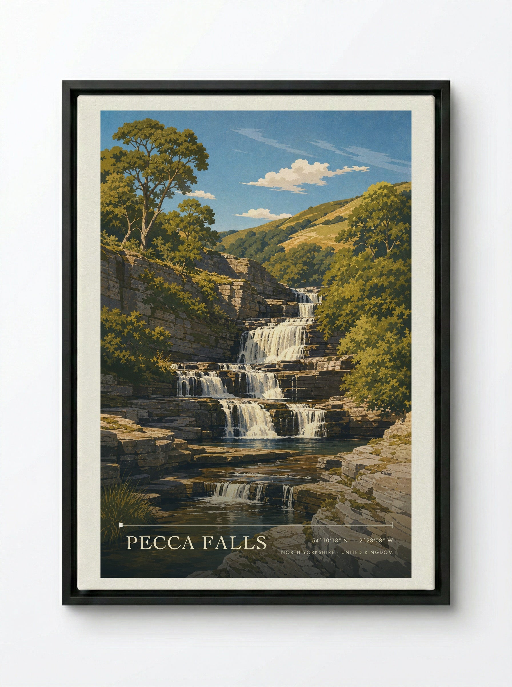 Pecca Falls North Yorkshire United Kingdom Travel Poster - Framed Canvas Black