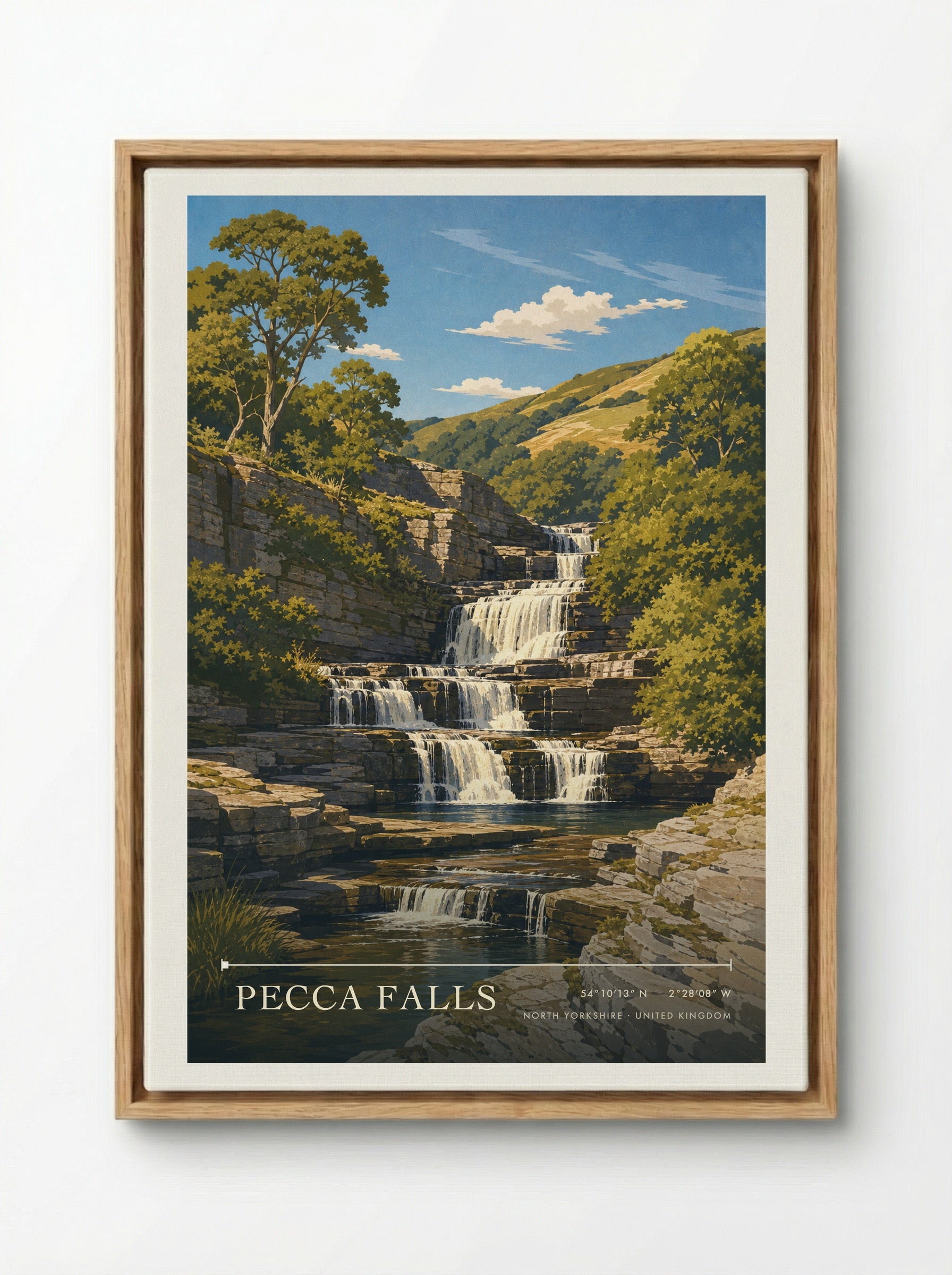 Pecca Falls North Yorkshire United Kingdom Travel Poster - Framed Canvas Wood