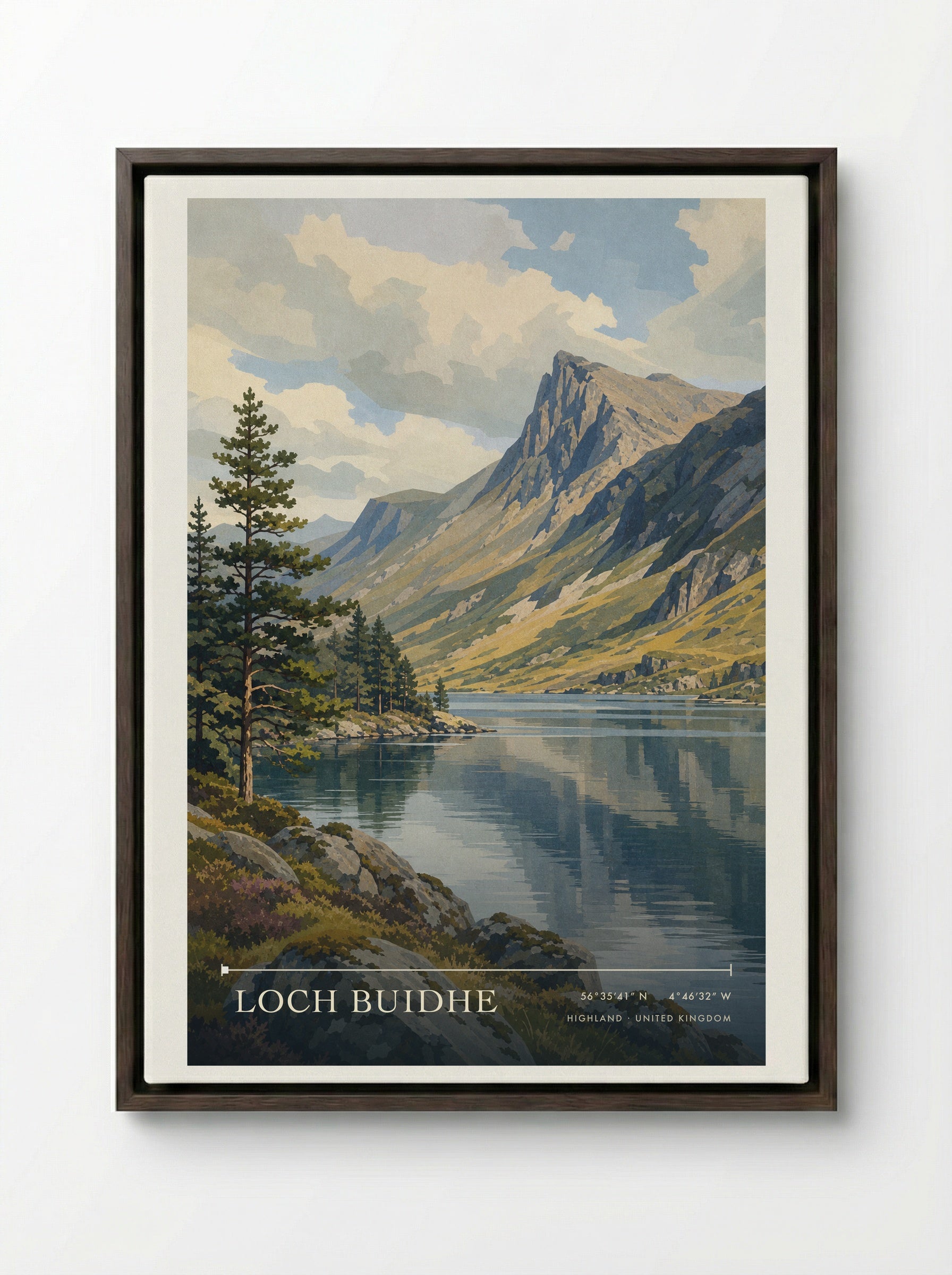 Loch Buidhe Highland United Kingdom Travel Poster - Framed Canvas Dark Wood