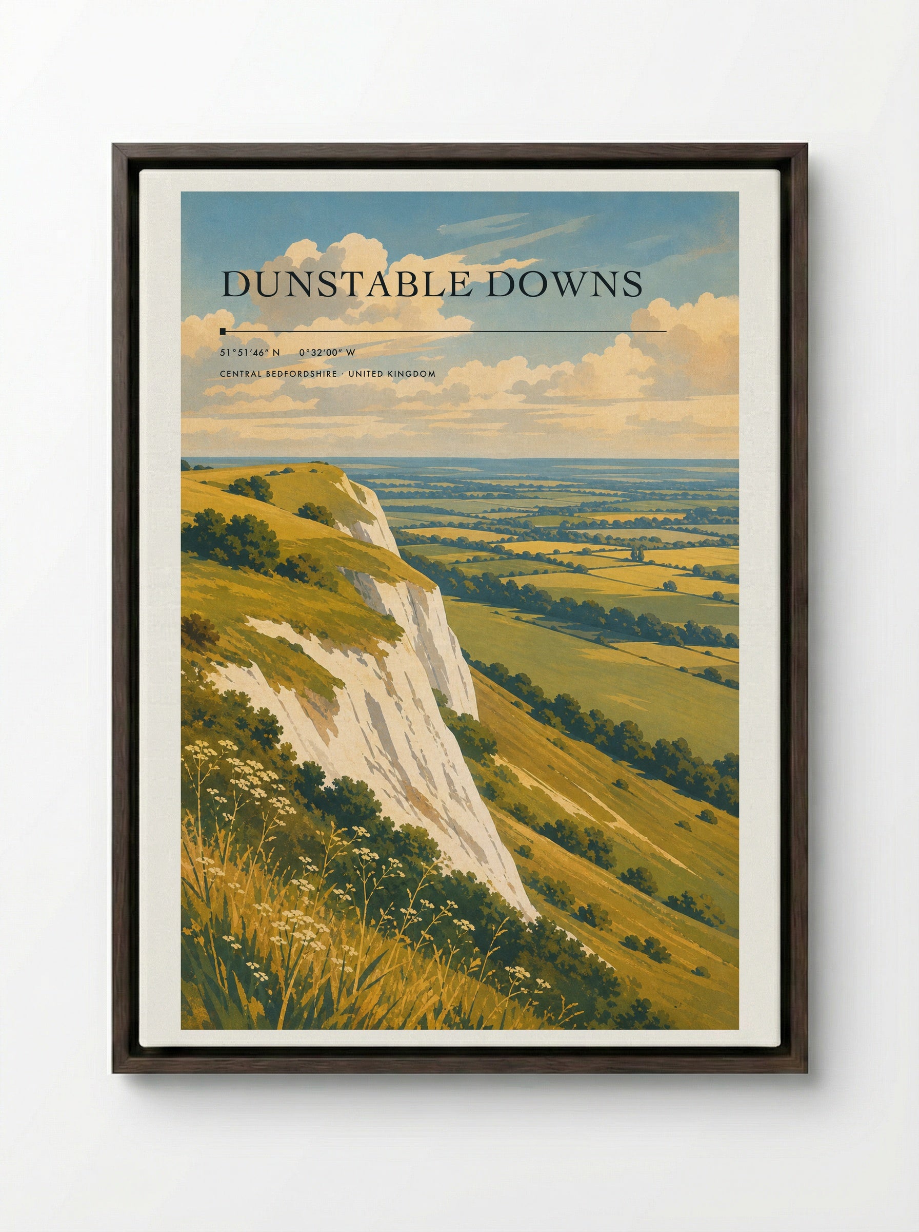 Dunstable Downs Central Bedfordshire United Kingdom Travel Poster - Framed Canvas Dark Wood