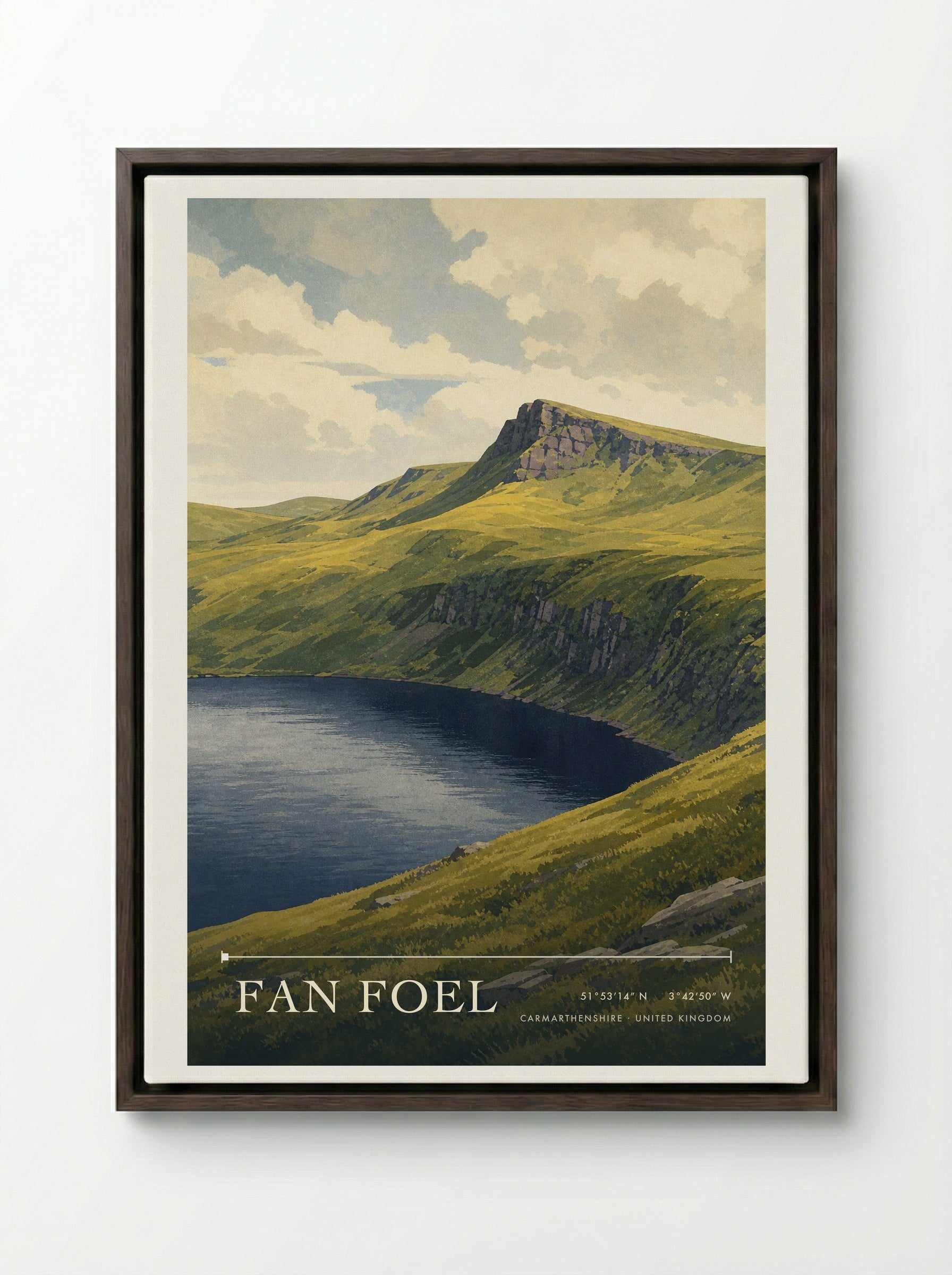 Fan Foel Carmarthenshire United Kingdom Travel Poster - Framed Canvas Dark Wood