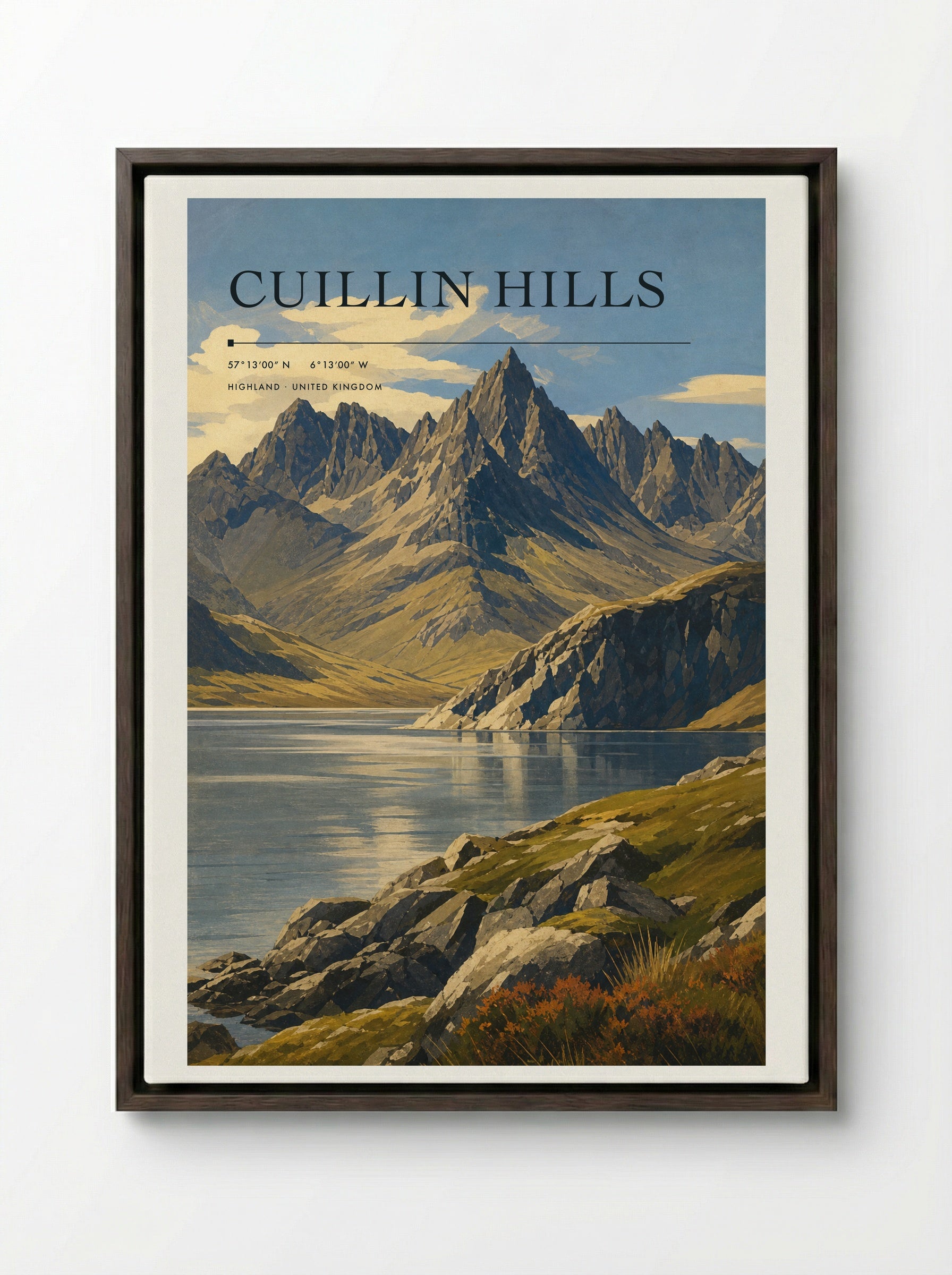Cuillin Hills Highland United Kingdom Travel Poster - Framed Canvas Dark Wood