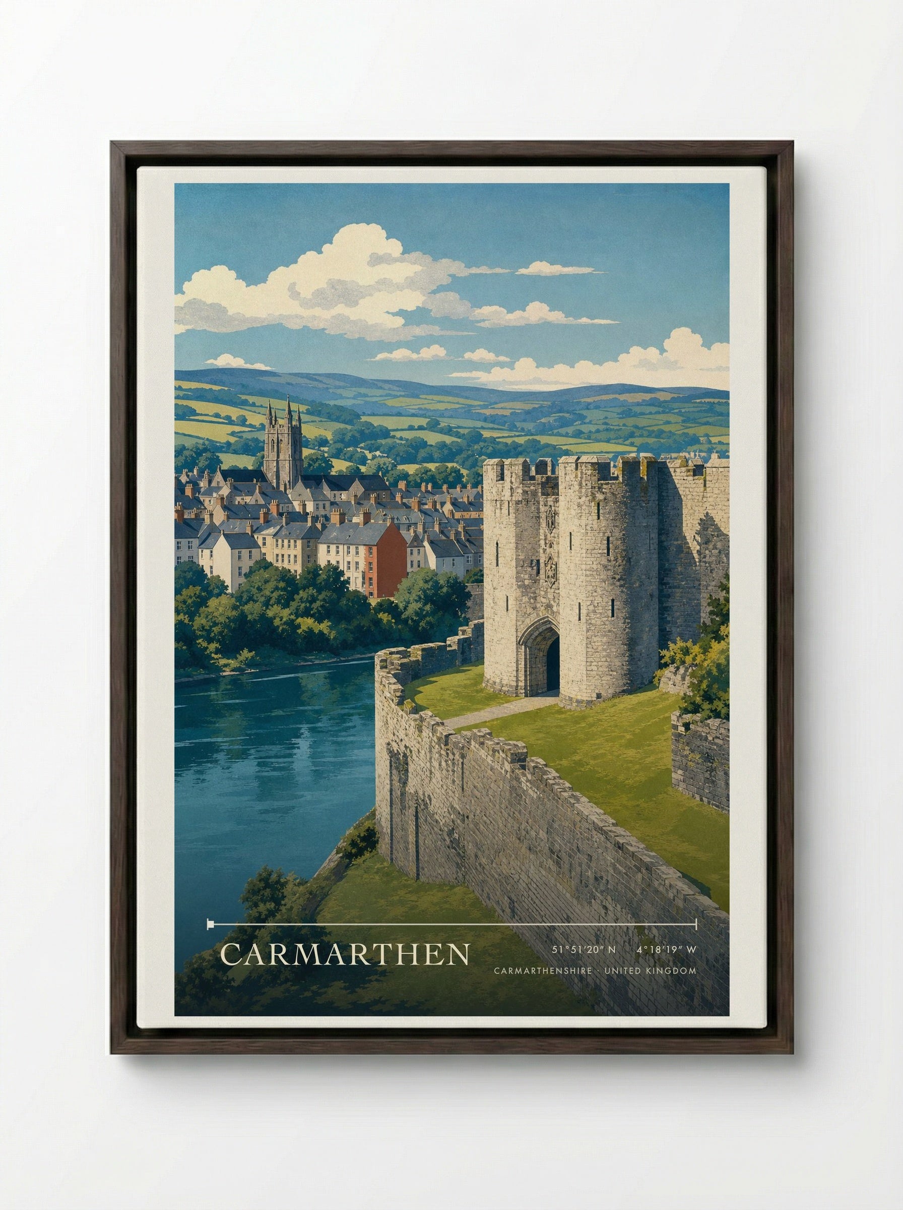 Carmarthen Carmarthenshire United Kingdom Travel Poster - Framed Canvas Dark Wood