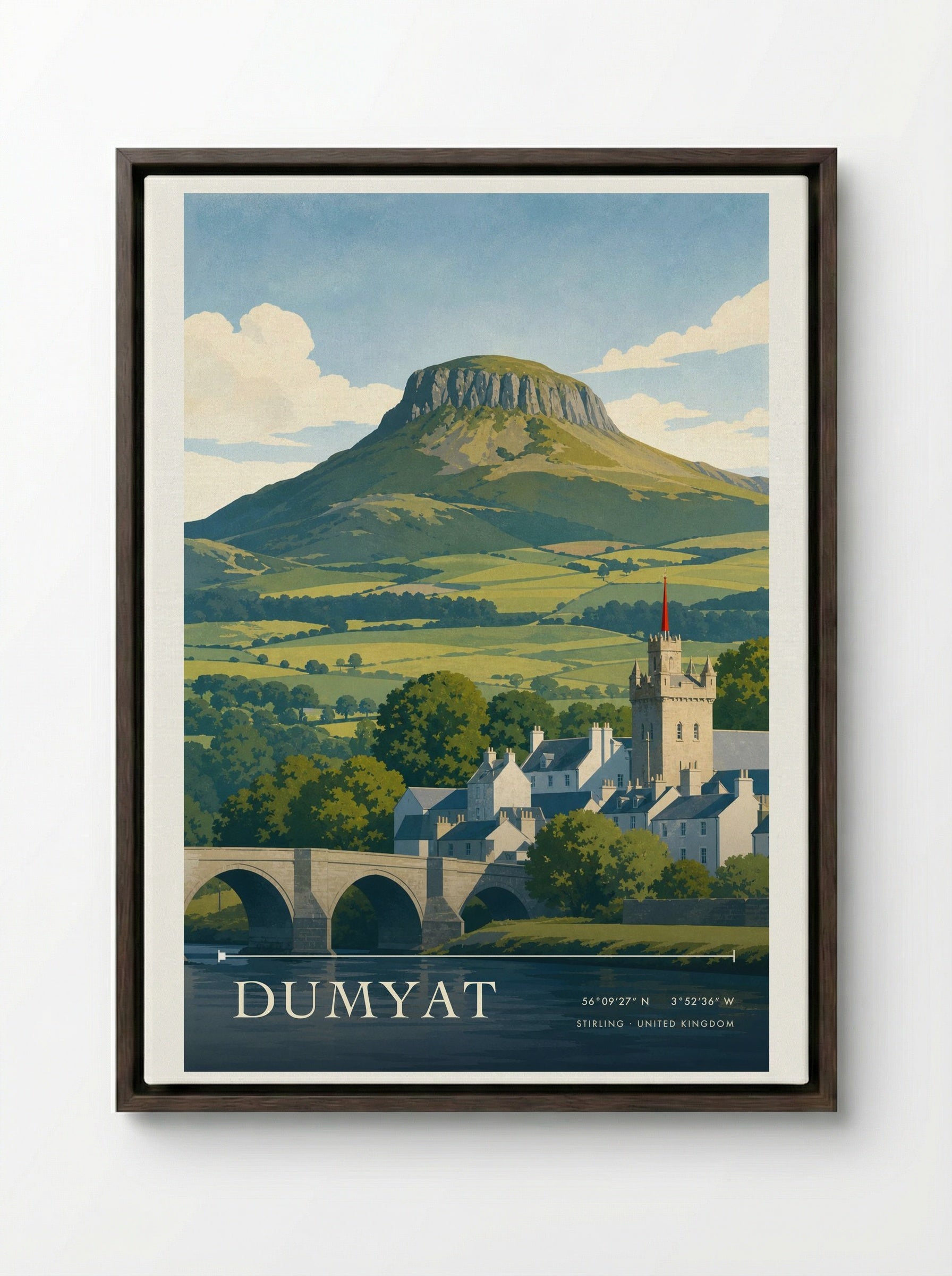 Dumyat Stirling United Kingdom Travel Poster - Framed Canvas Dark Wood