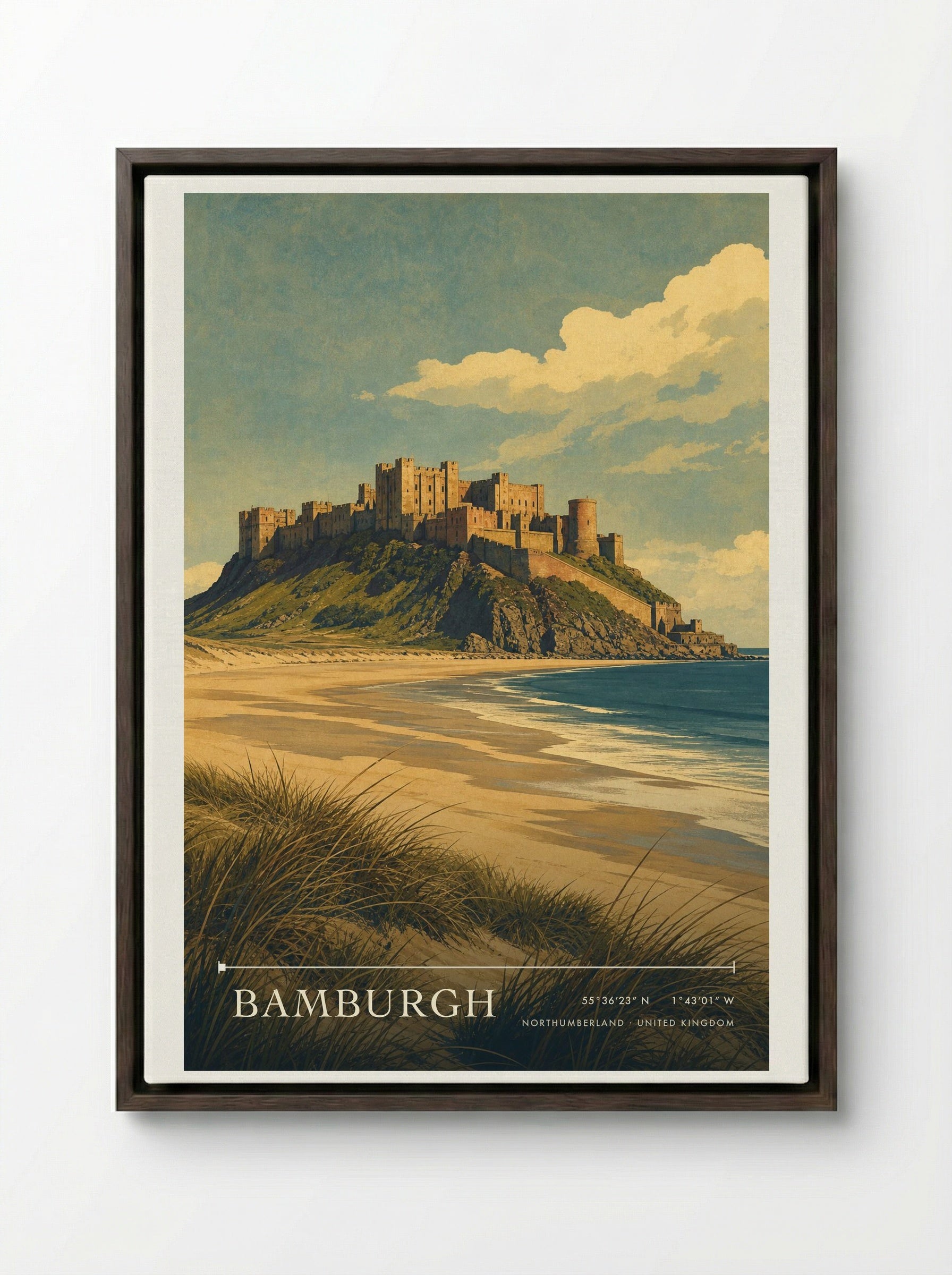Bamburgh Northumberland United Kingdom Travel Poster - Framed Canvas Dark Wood