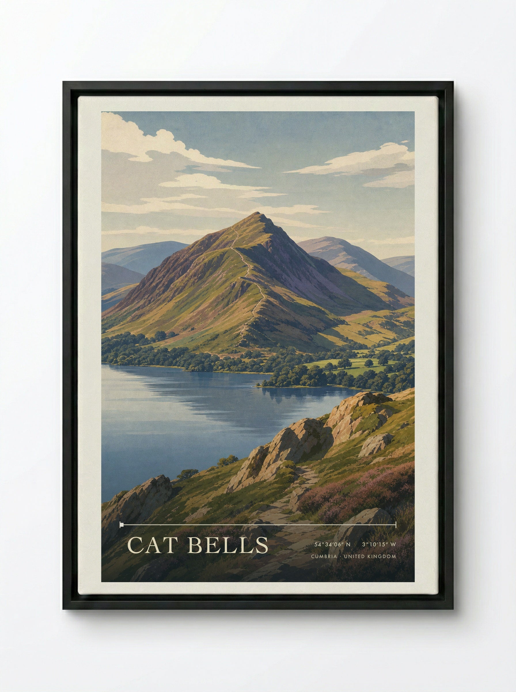 Cat Bells Cumbria United Kingdom Travel Poster - Framed Canvas Black