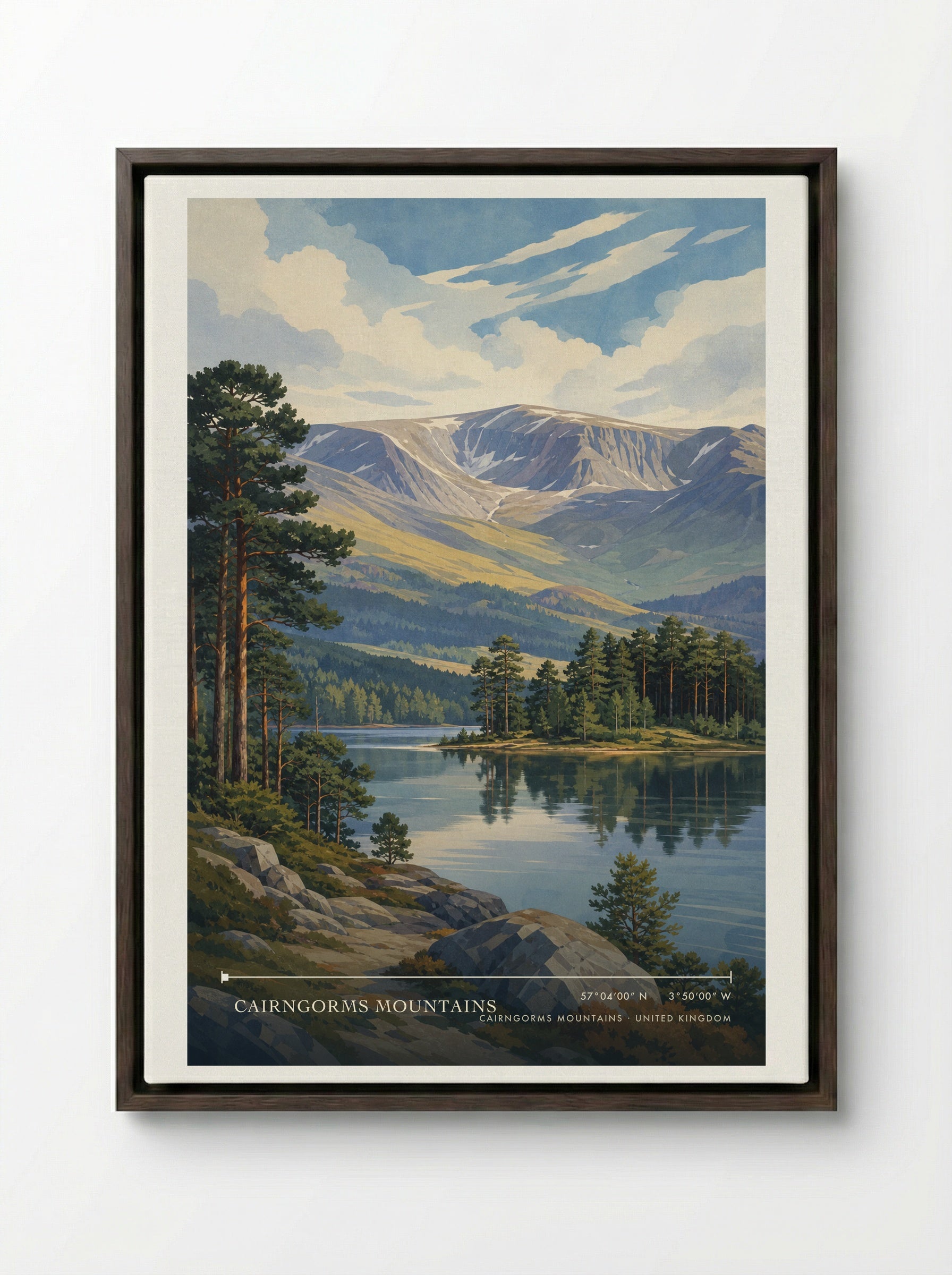 Cairngorms Mountains United Kingdom Travel Poster - Framed Canvas Dark Wood