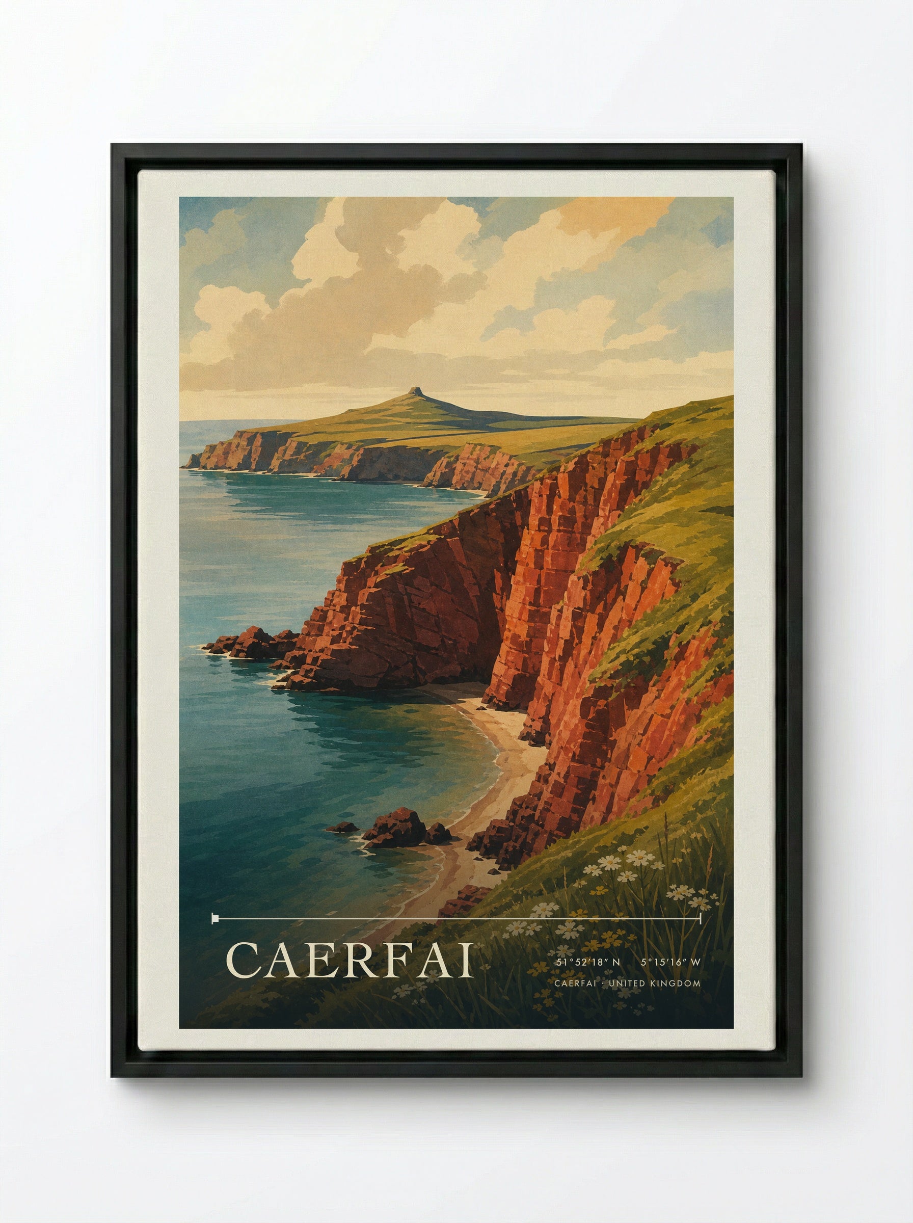 Caerfai United Kingdom Travel Poster - Framed Canvas Black