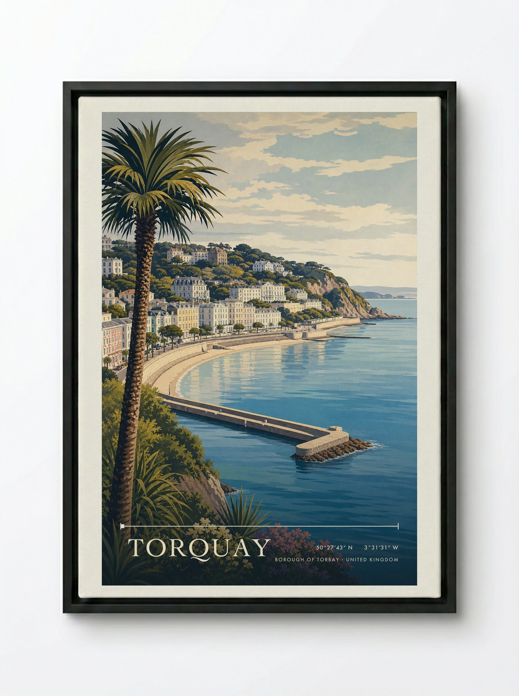 Torquay Borough of Torbay United Kingdom Travel Poster - Framed Canvas Black