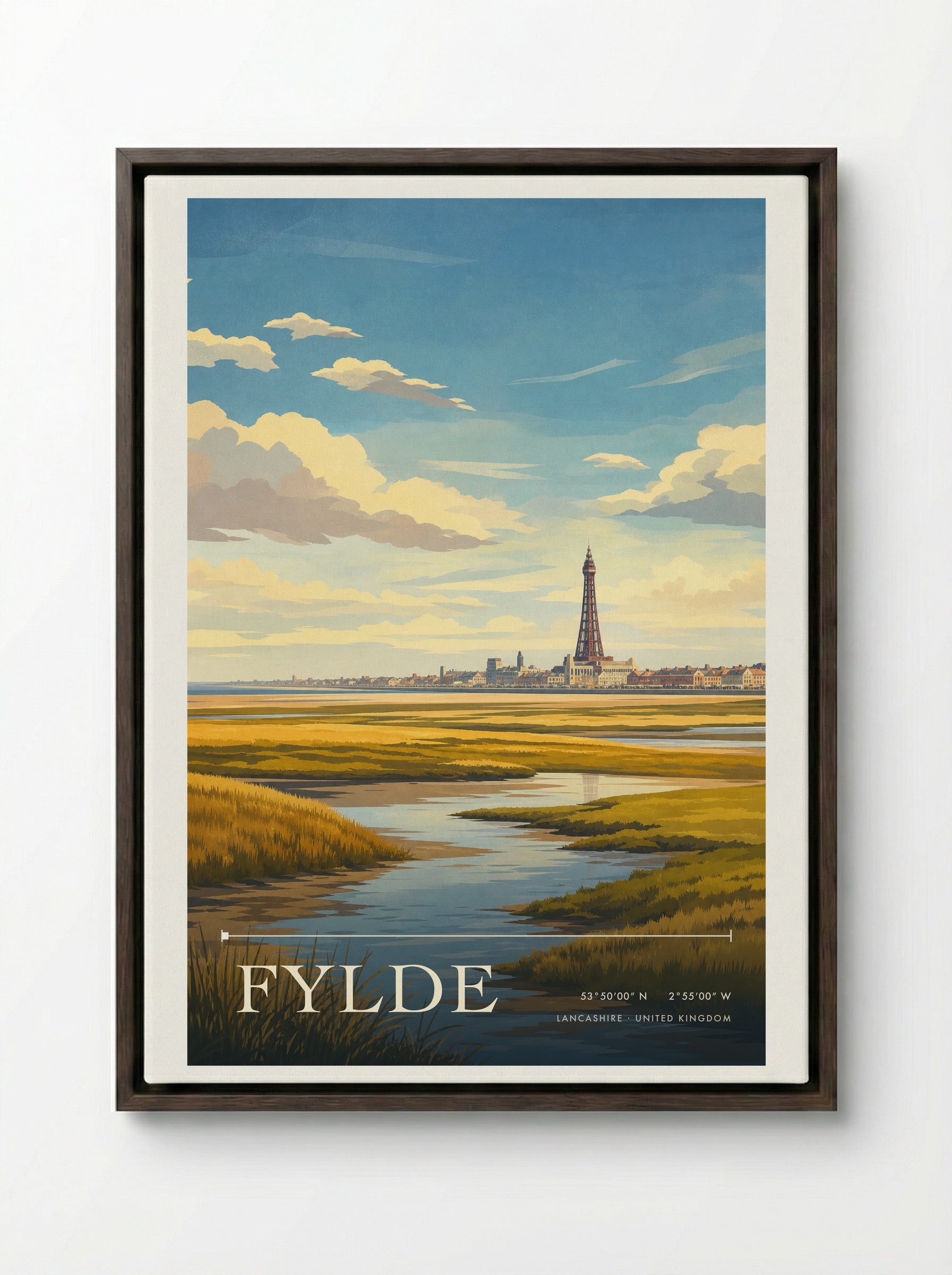 Fylde Lancashire United Kingdom Travel Poster - Framed Canvas Dark Wood