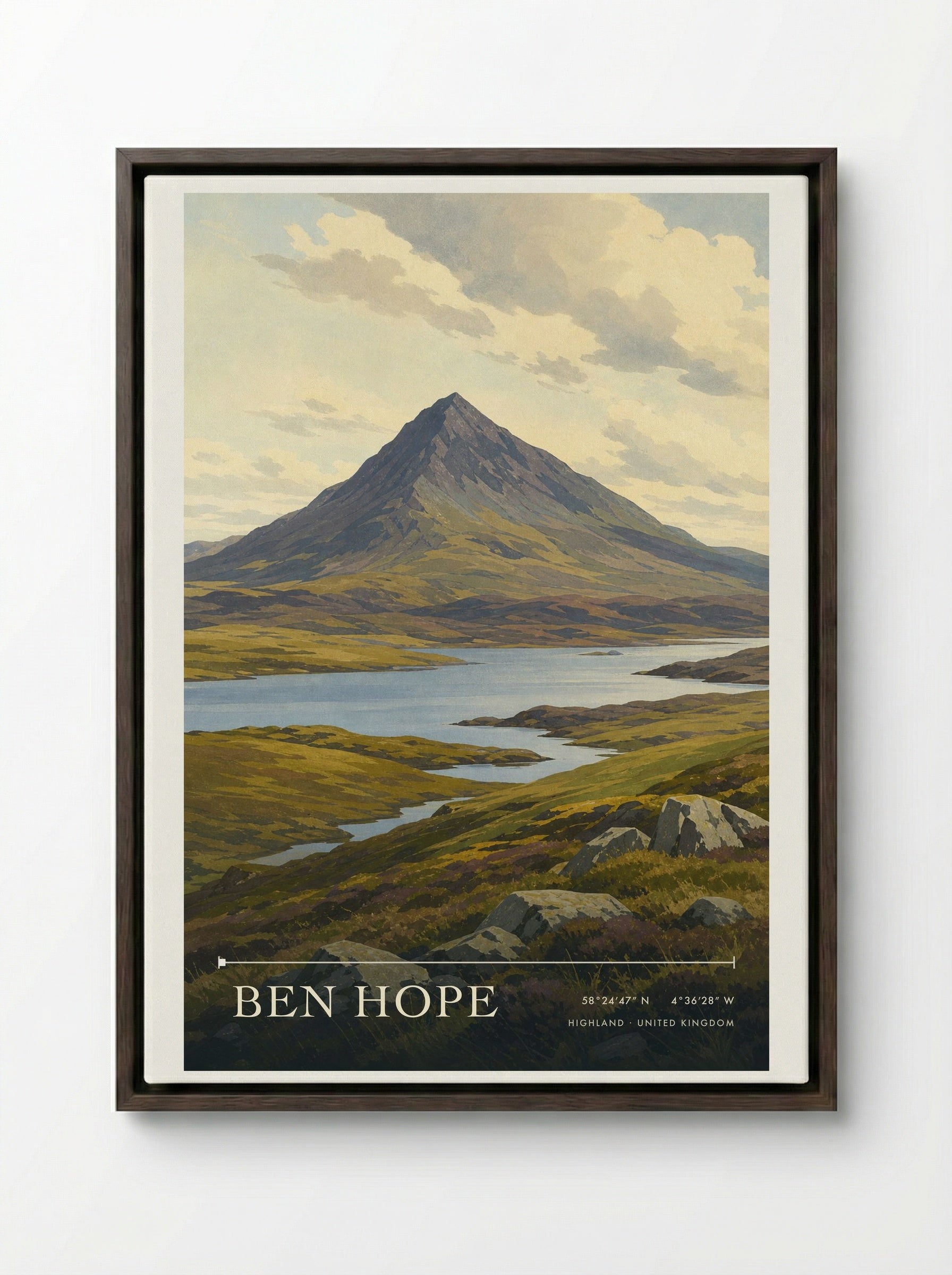 Ben Hope Highland United Kingdom Travel Poster - Framed Canvas Dark Wood
