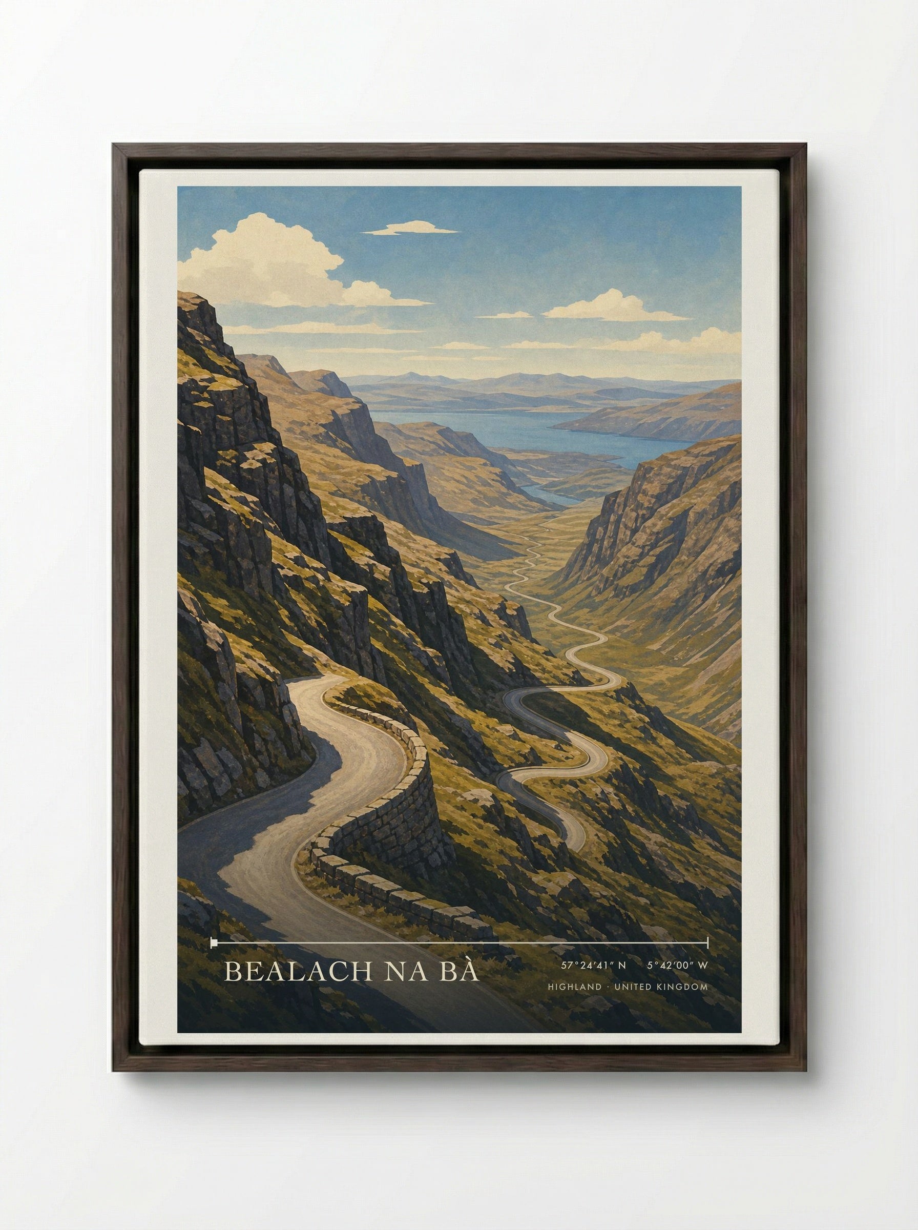 Bealach na Bà Highland United Kingdom Travel Poster - Framed Canvas Dark Wood