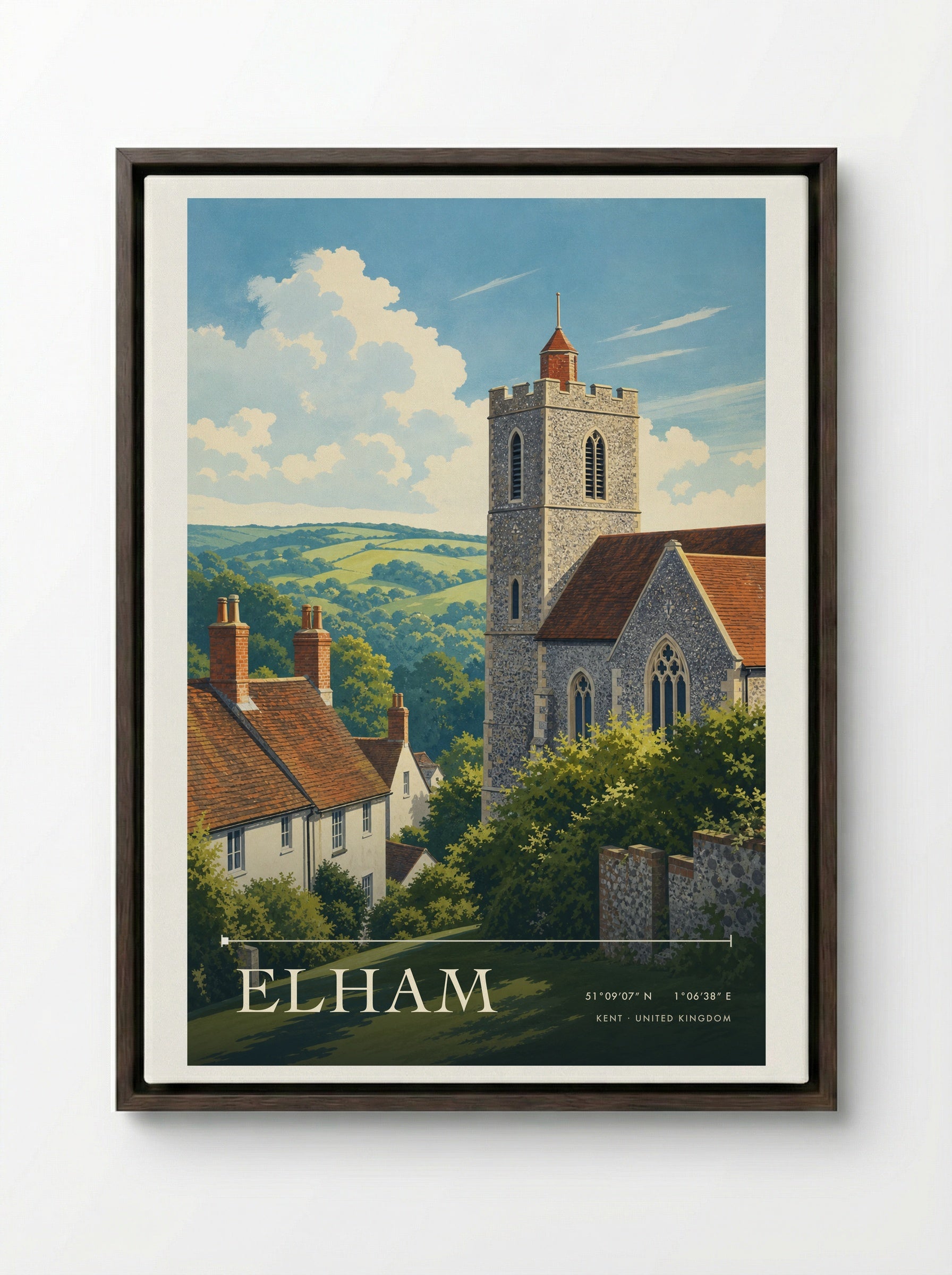 Elham Kent United Kingdom Travel Poster - Framed Canvas Dark Wood