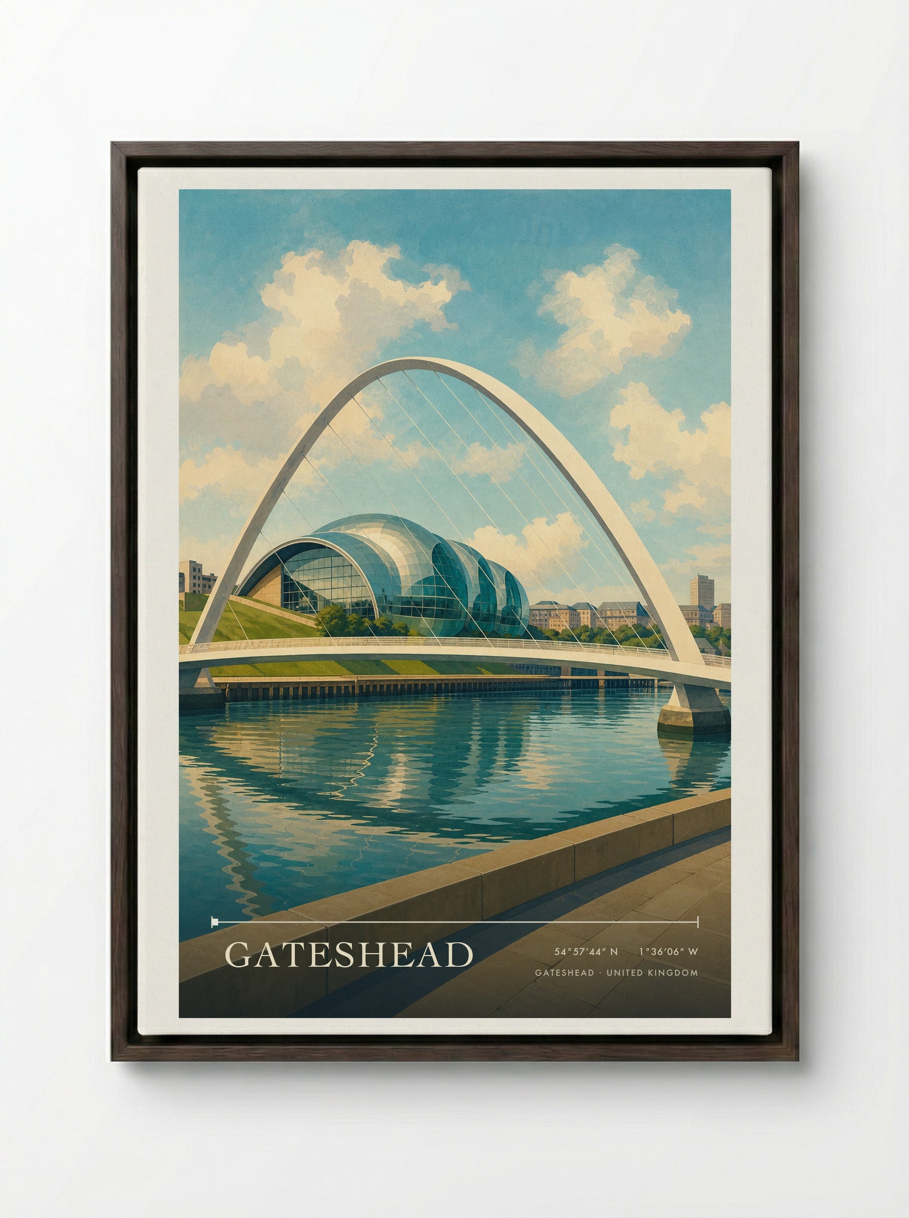 Gateshead United Kingdom Travel Poster - Framed Canvas Dark Wood