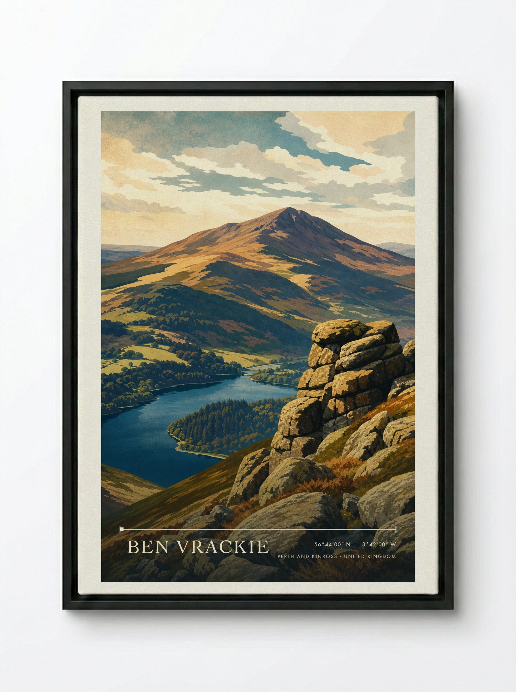 Ben Vrackie Perth and Kinross United Kingdom Travel Poster - Framed Canvas Black