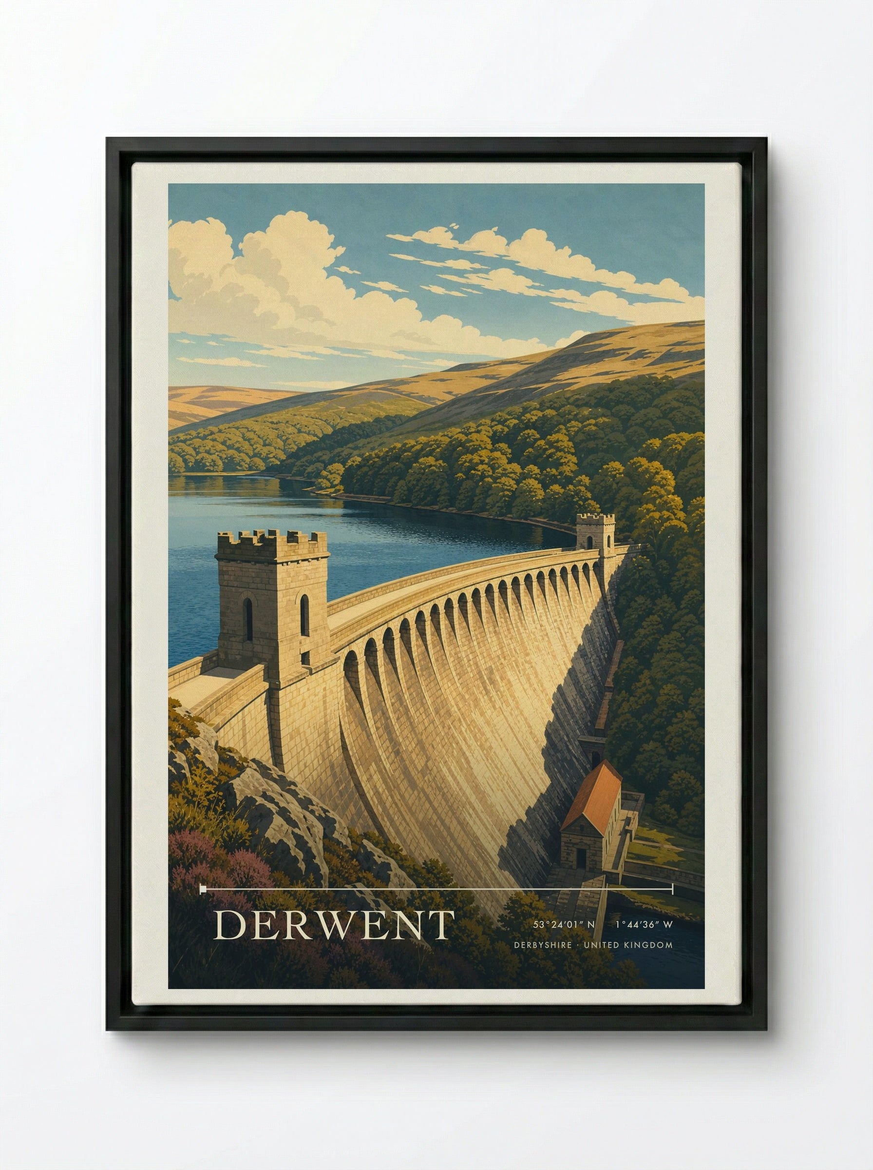 Derwent Derbyshire United Kingdom Travel Poster - Framed Canvas Black