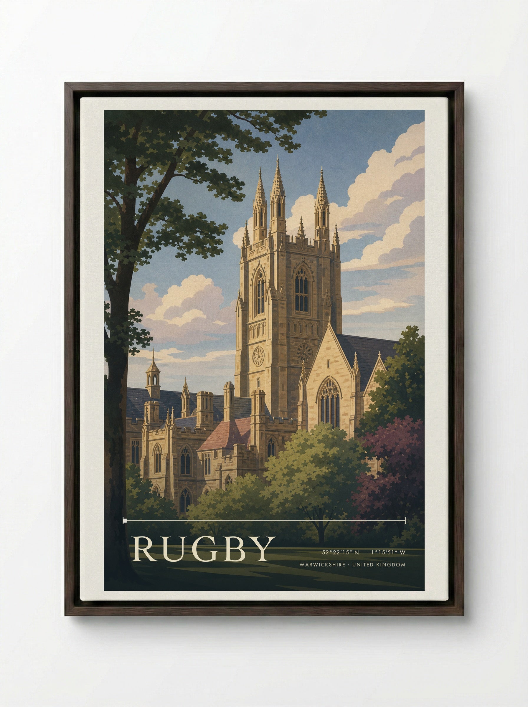 Rugby Warwickshire United Kingdom Travel Poster - Framed Canvas Dark Wood
