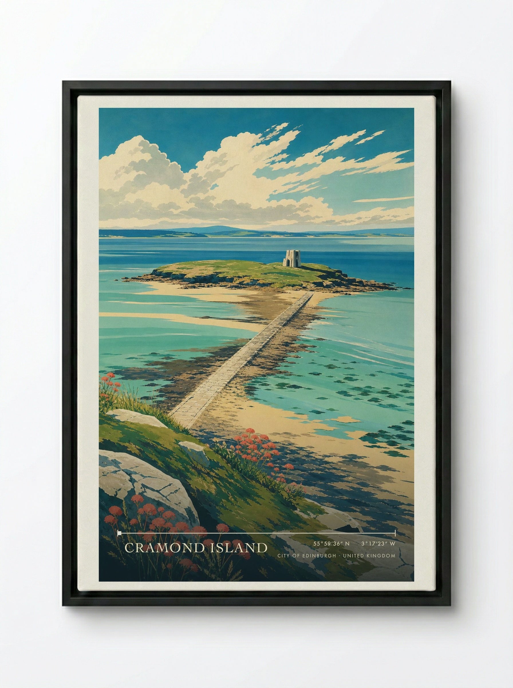 Cramond Island City of Edinburgh United Kingdom Travel Poster - Framed Canvas Black