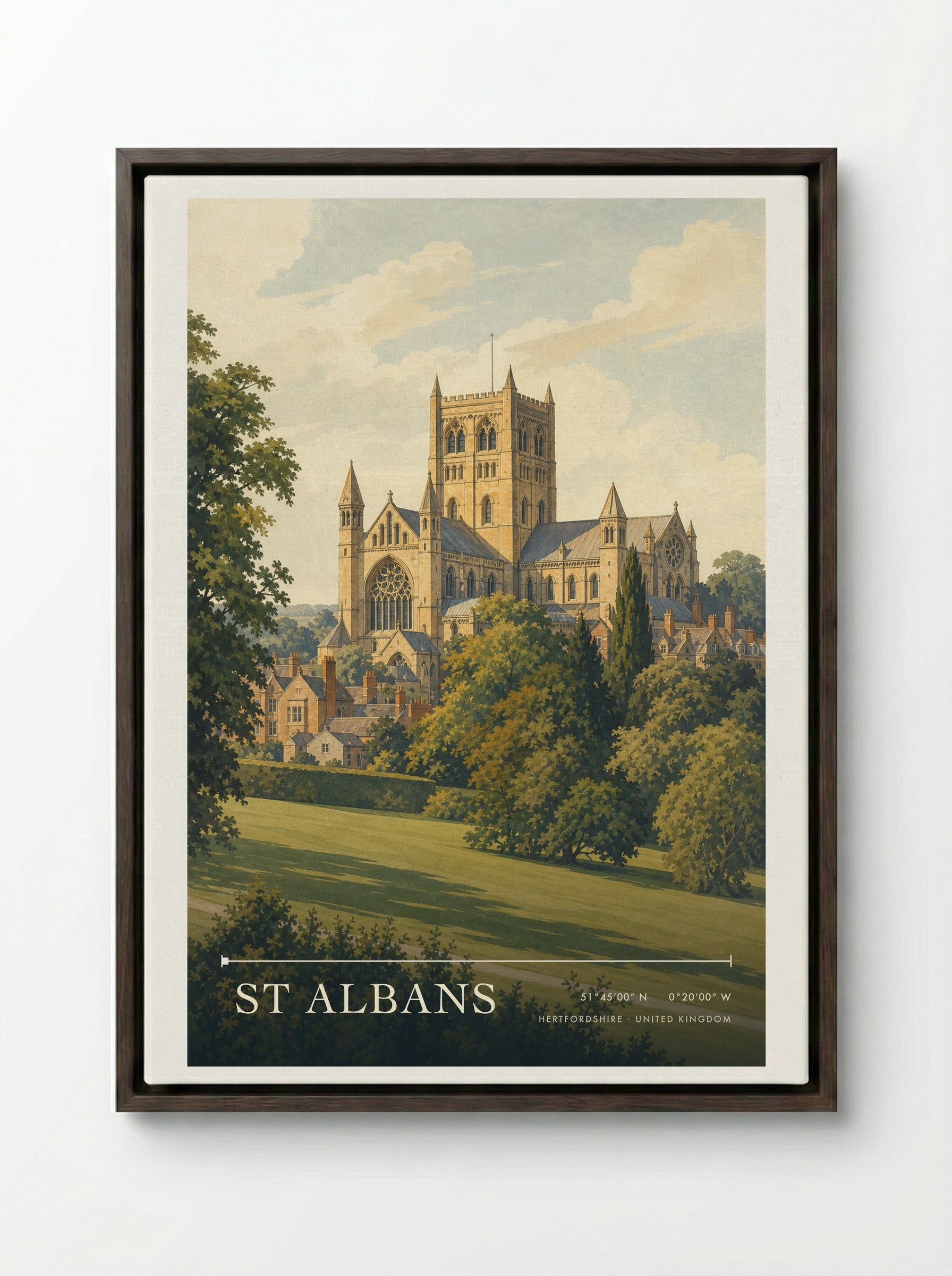 St Albans Hertfordshire United Kingdom Travel Poster - Framed Canvas Dark Wood