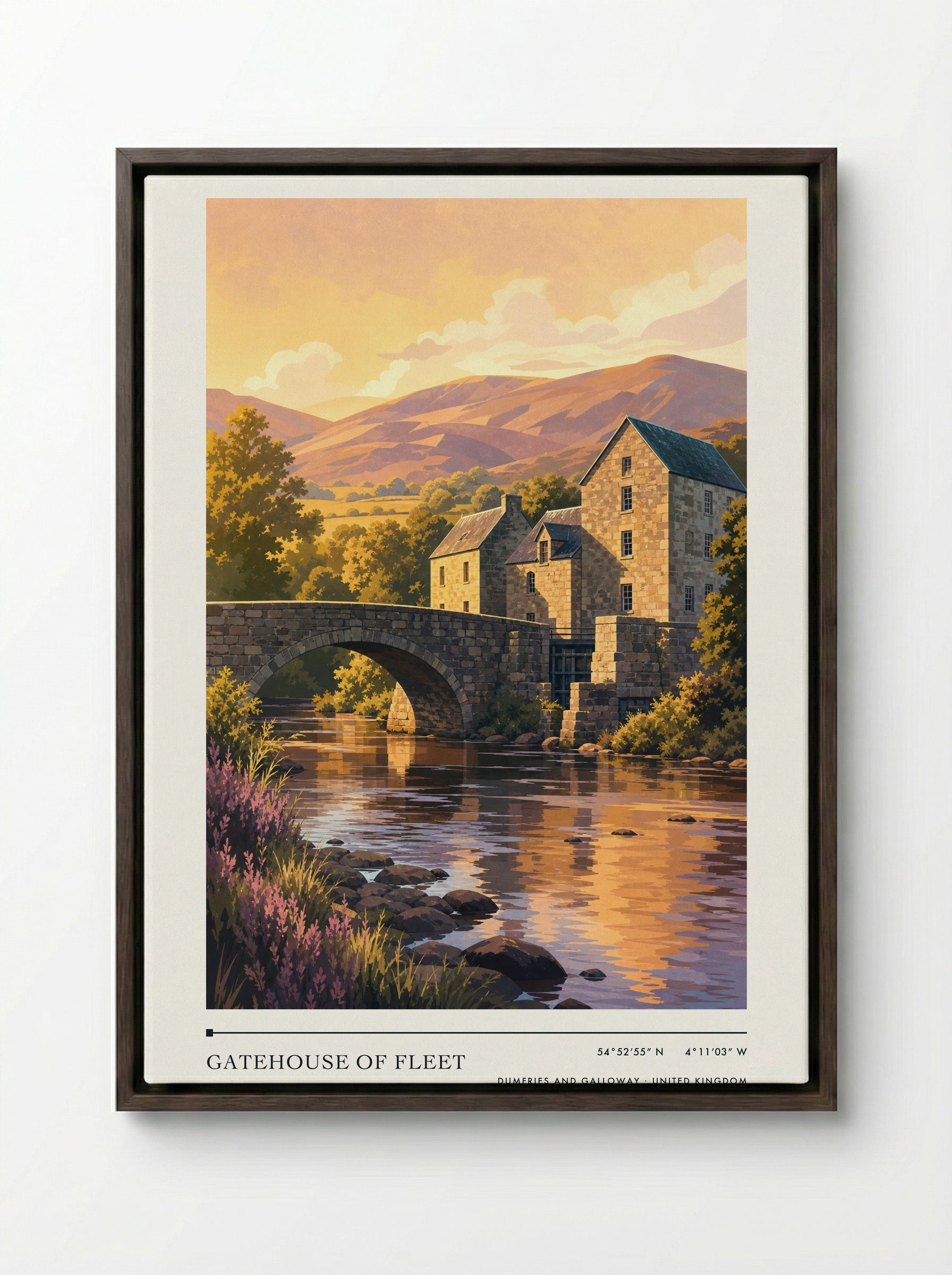 Gatehouse of Fleet Dumfries and Galloway United Kingdom Travel Poster - Framed Canvas Dark Wood