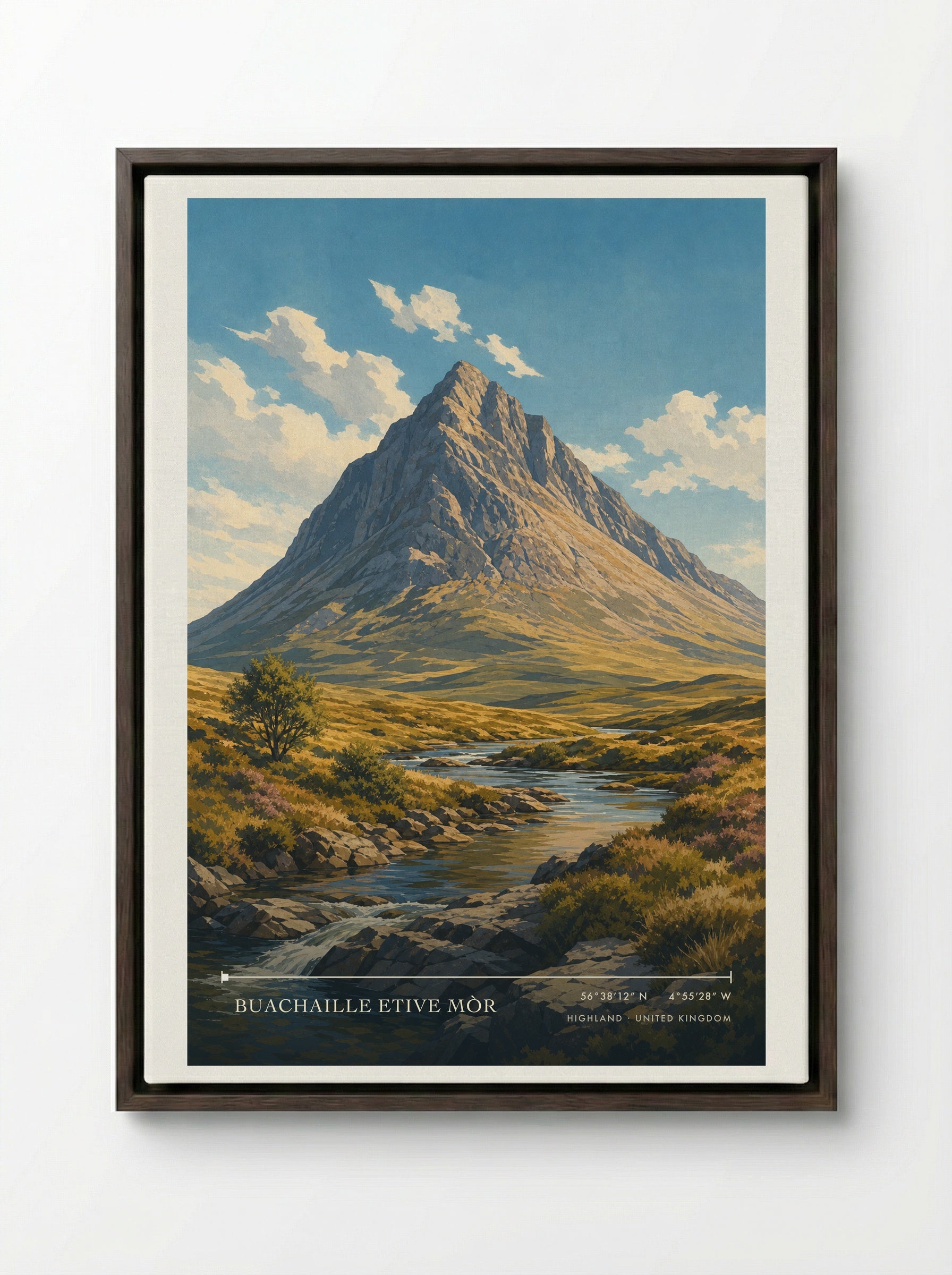 Buachaille Etive Mòr Highland United Kingdom Travel Poster - Framed Canvas Dark Wood