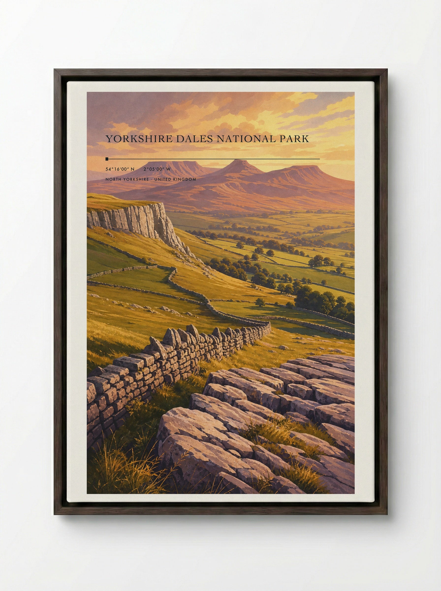 Yorkshire Dales National Park North Yorkshire United Kingdom Travel Poster - Framed Canvas Dark Wood