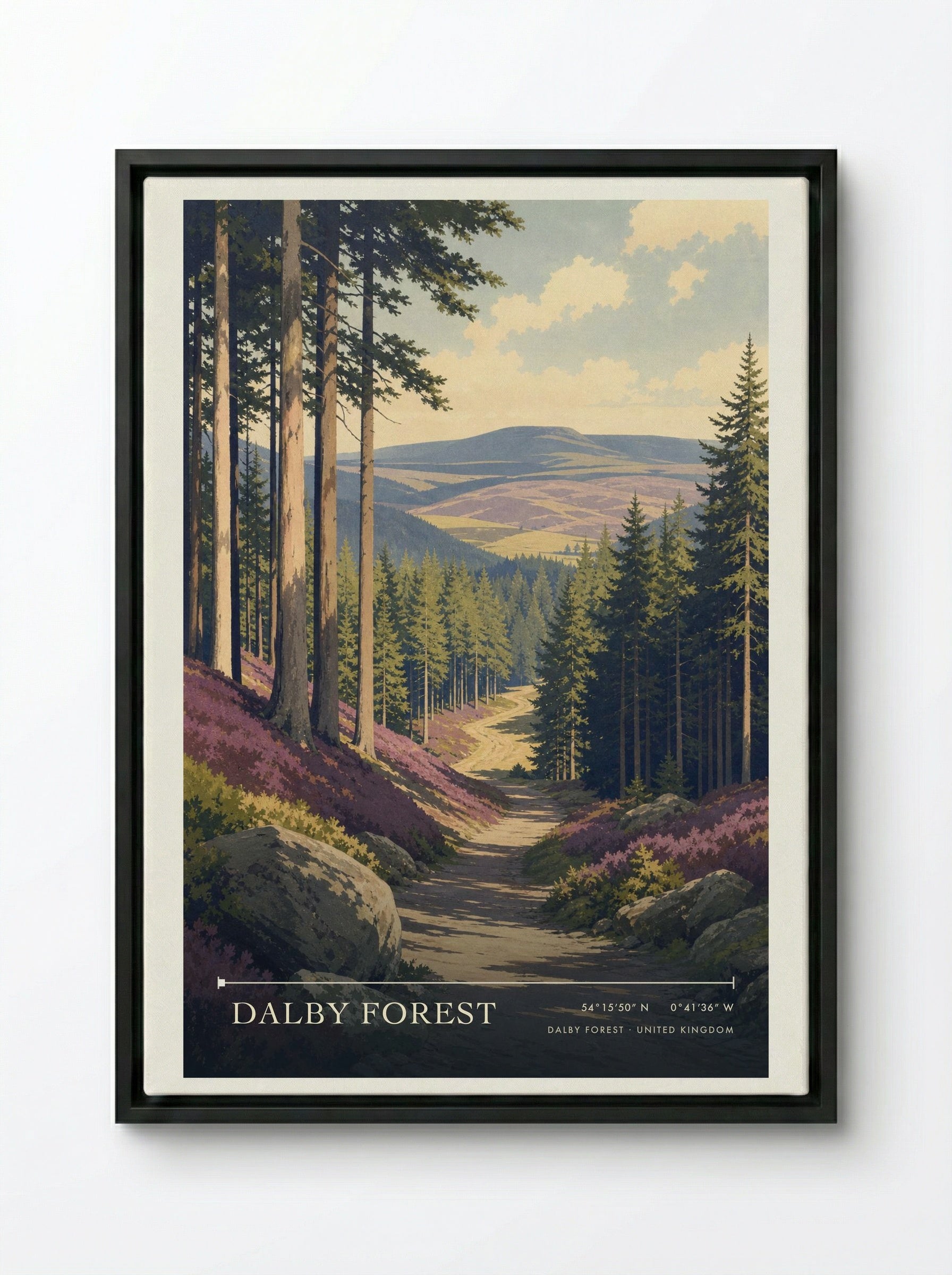 Dalby Forest United Kingdom Travel Poster - Framed Canvas Black