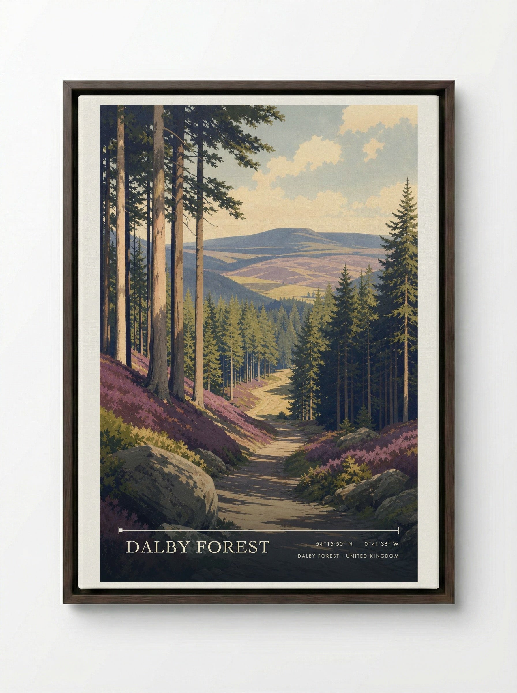 Dalby Forest United Kingdom Travel Poster - Framed Canvas Dark Wood