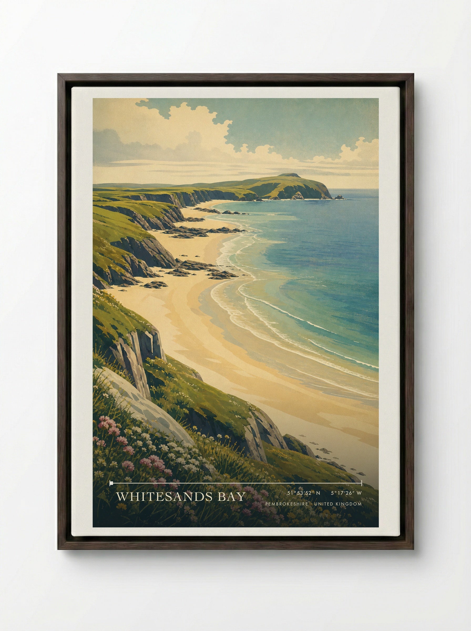 Whitesands Bay Pembrokeshire United Kingdom Travel Poster - Framed Canvas Dark Wood