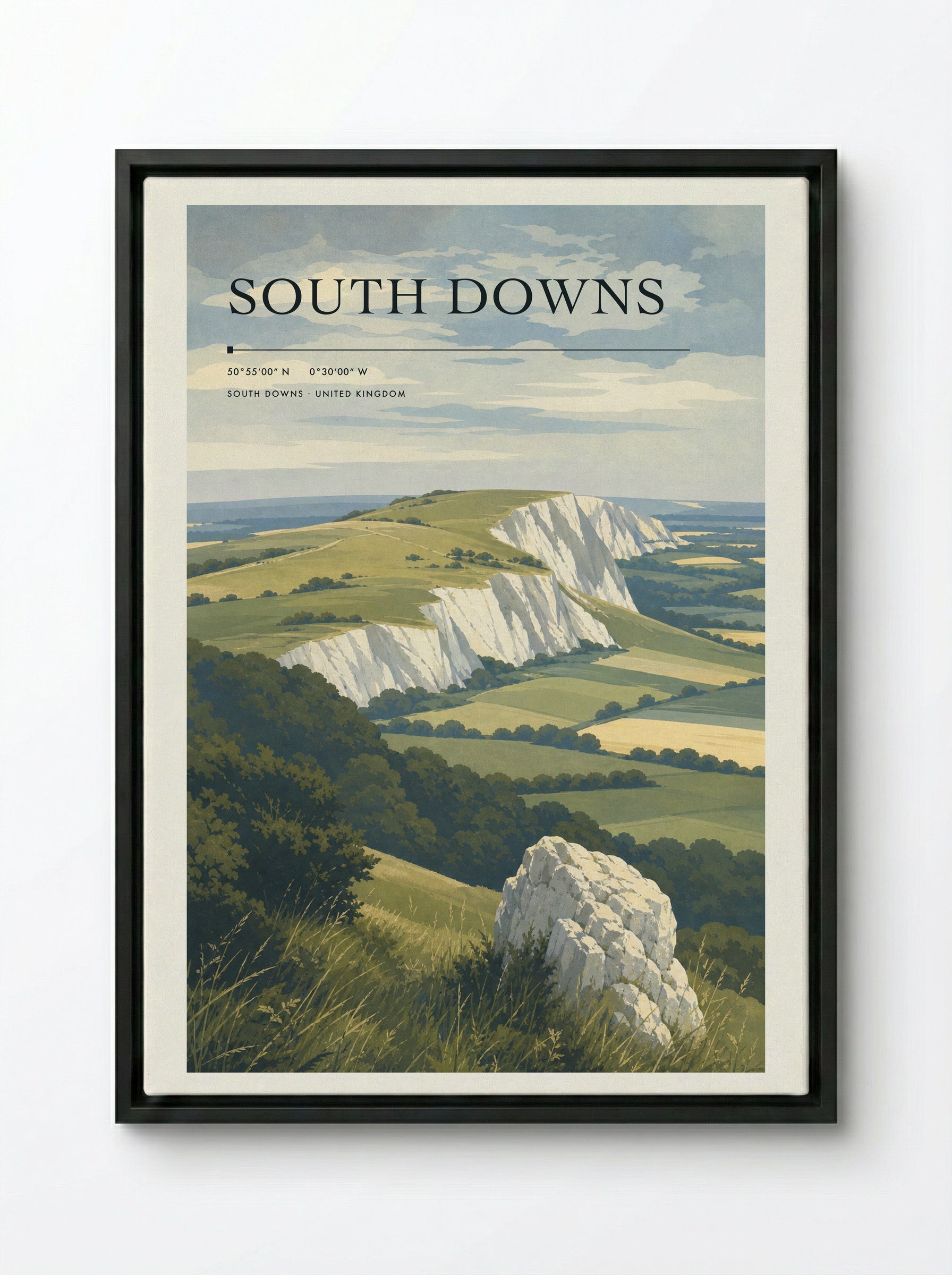 South Downs United Kingdom Travel Poster - Framed Canvas Black