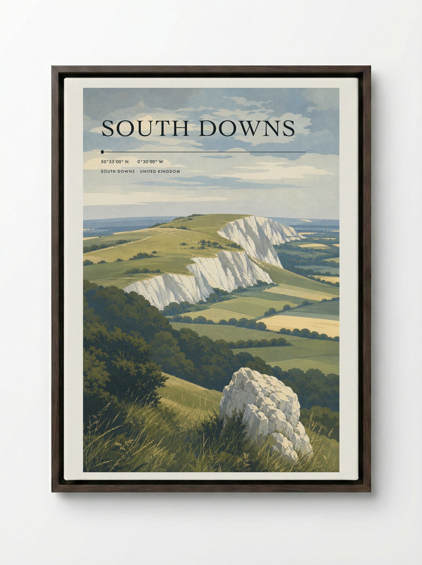 South Downs United Kingdom Travel Poster - Framed Canvas Dark Wood