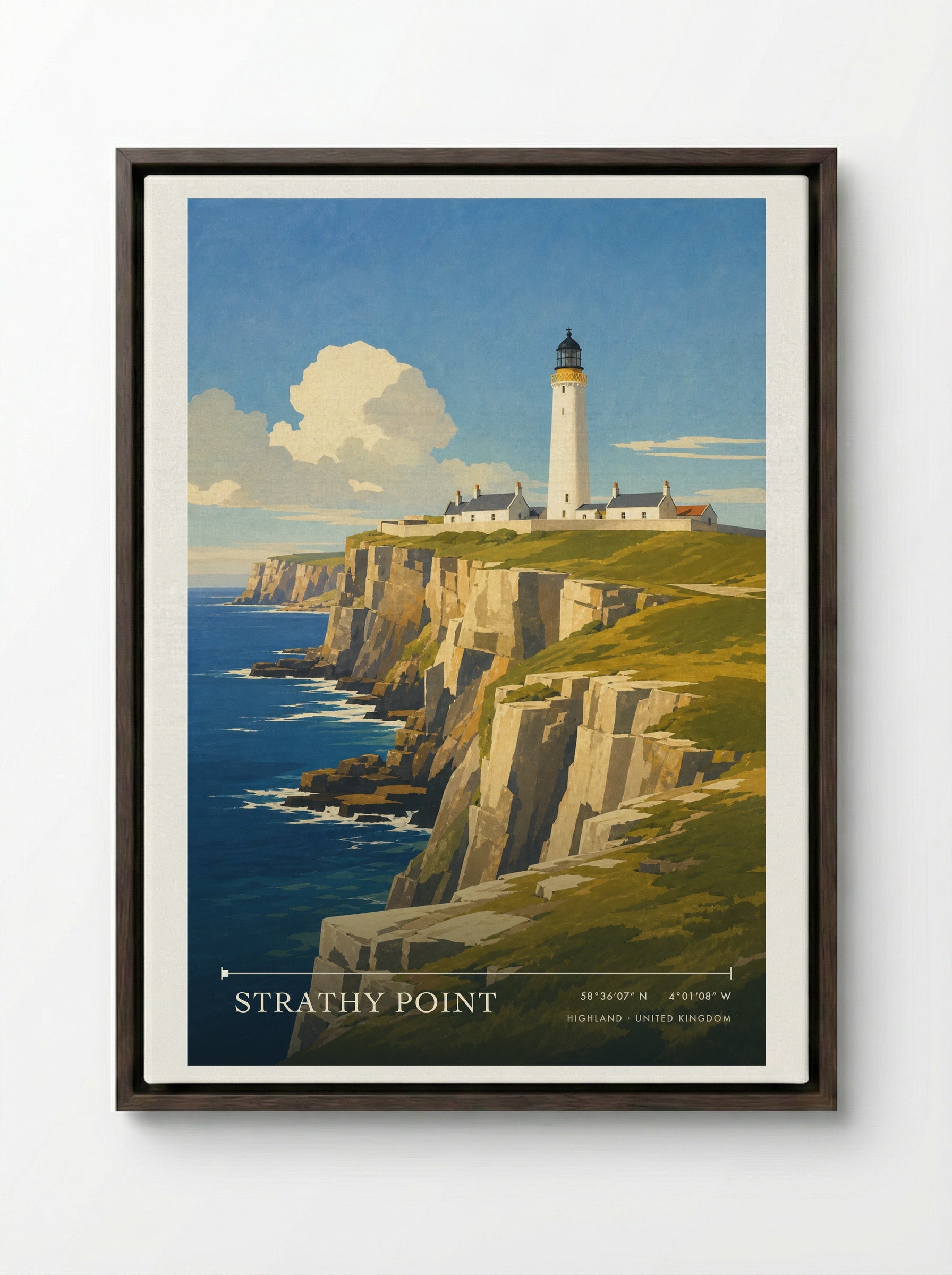 Strathy Point Highland United Kingdom Travel Poster - Framed Canvas Dark Wood