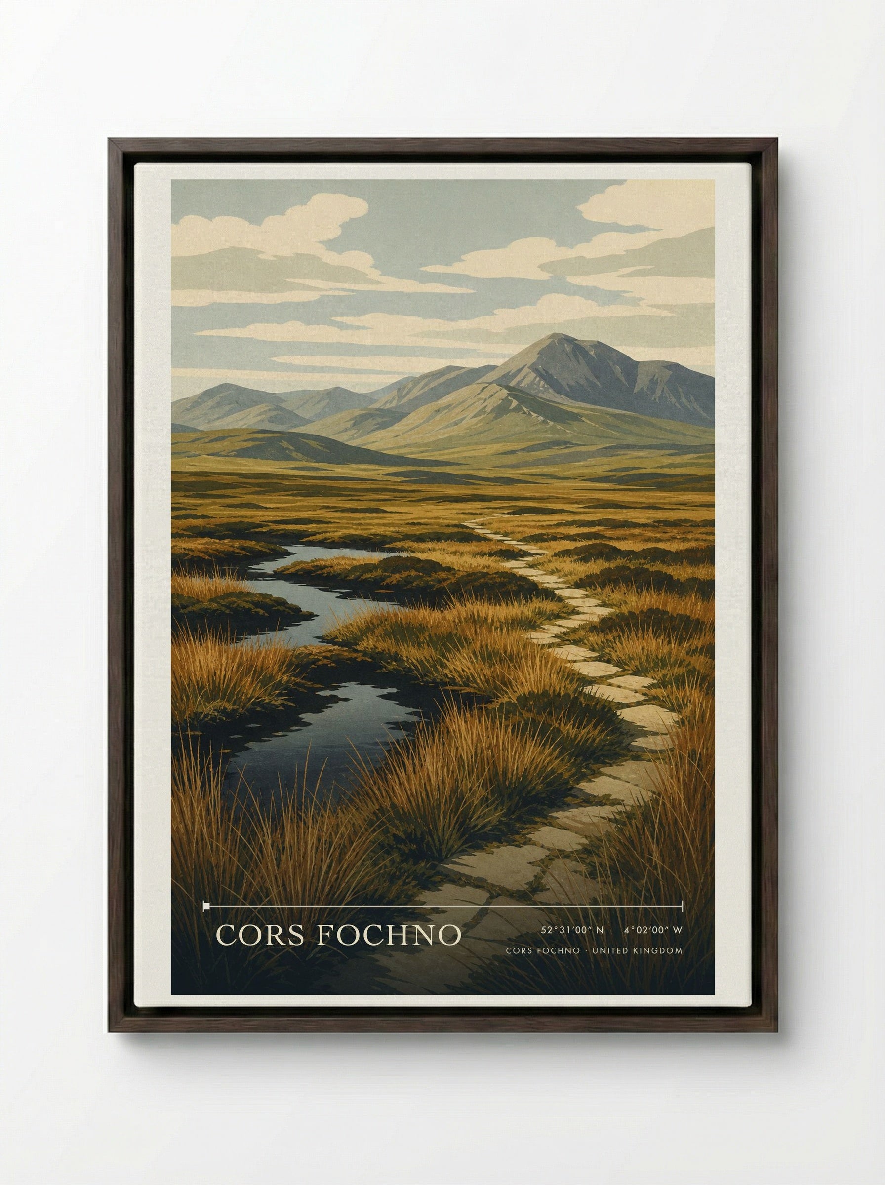 Cors Fochno United Kingdom Travel Poster - Framed Canvas Dark Wood