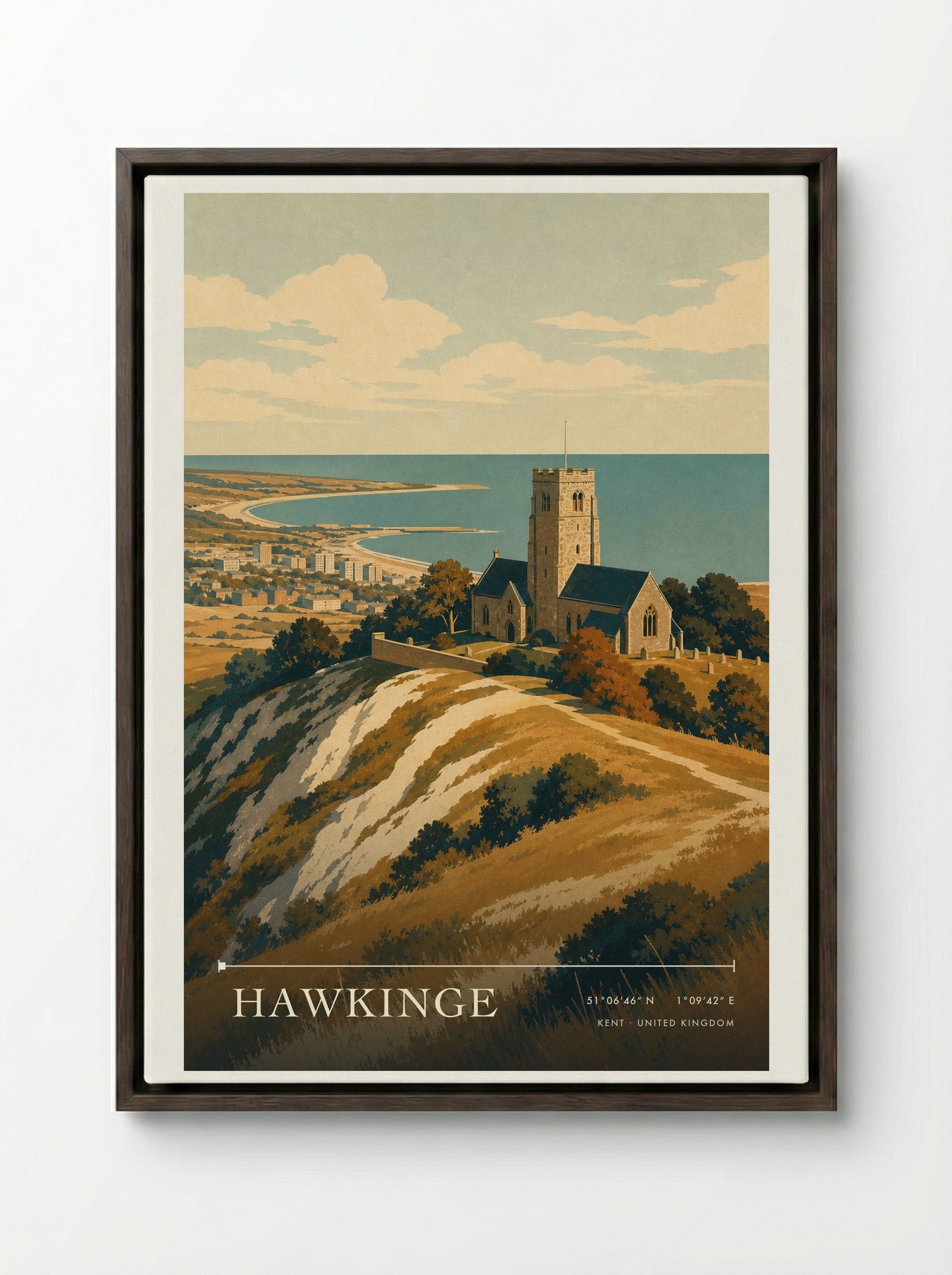 Hawkinge Kent United Kingdom Travel Poster - Framed Canvas Dark Wood