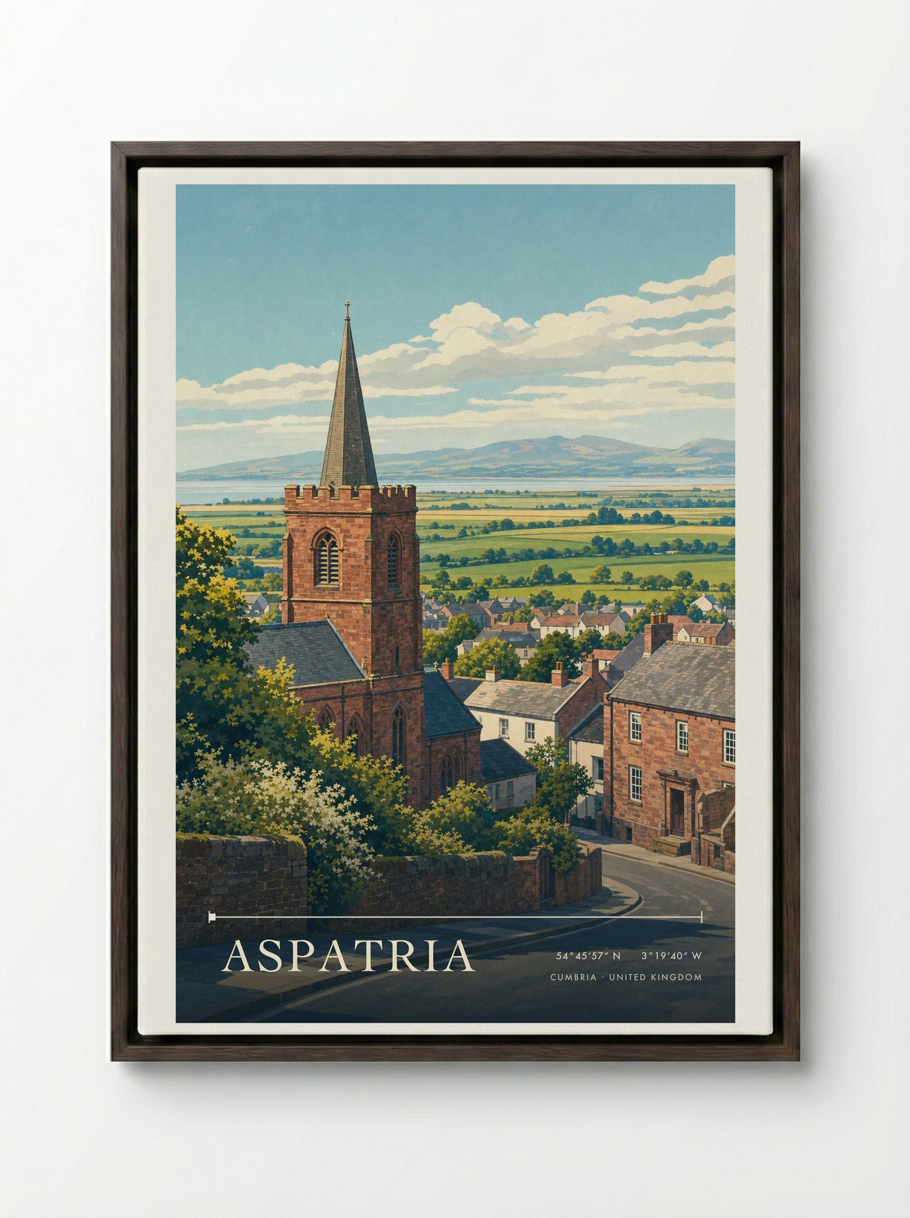Aspatria Cumbria United Kingdom Travel Poster - Framed Canvas Dark Wood
