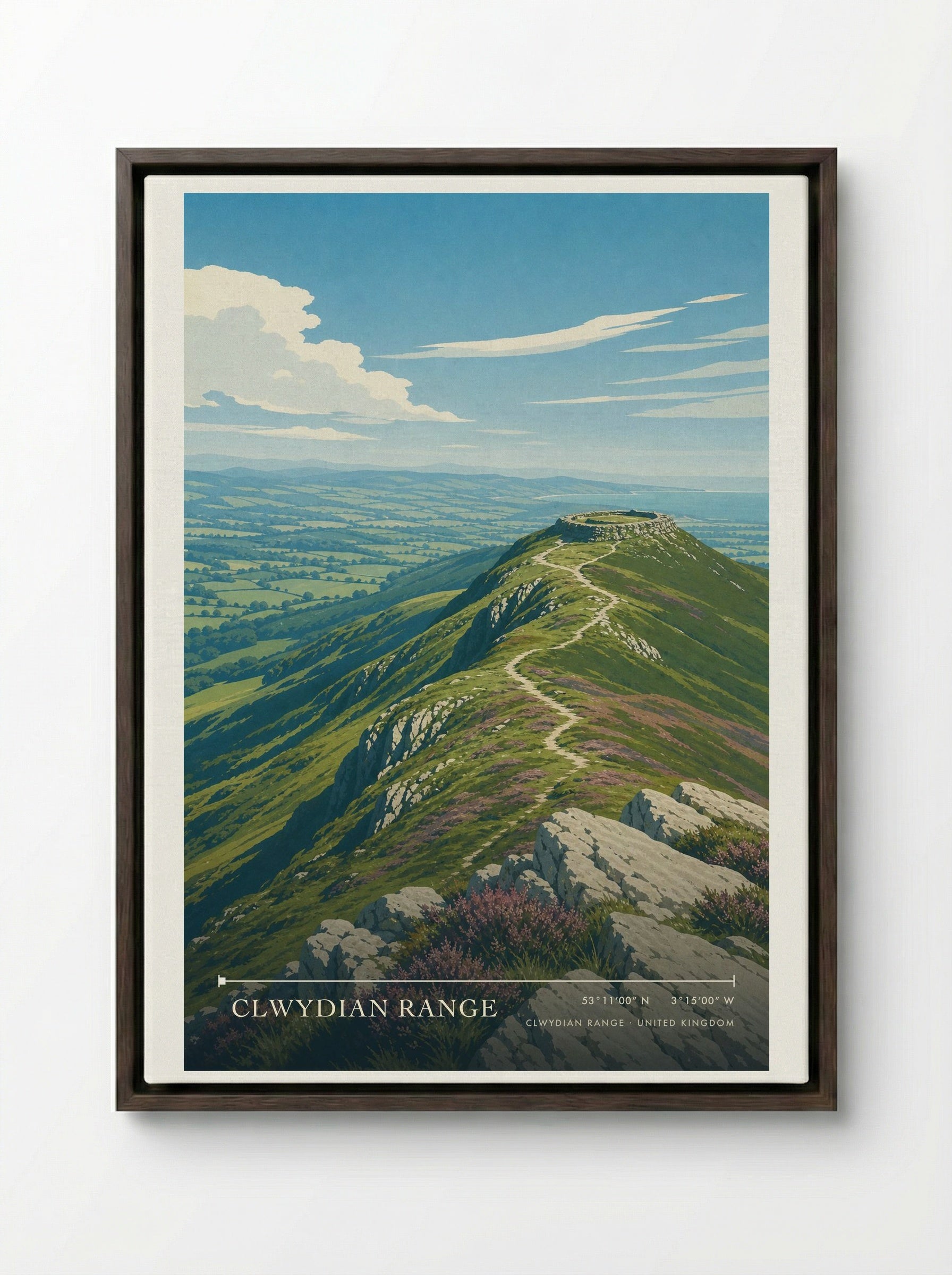 Clwydian Range United Kingdom Travel Poster - Framed Canvas Dark Wood