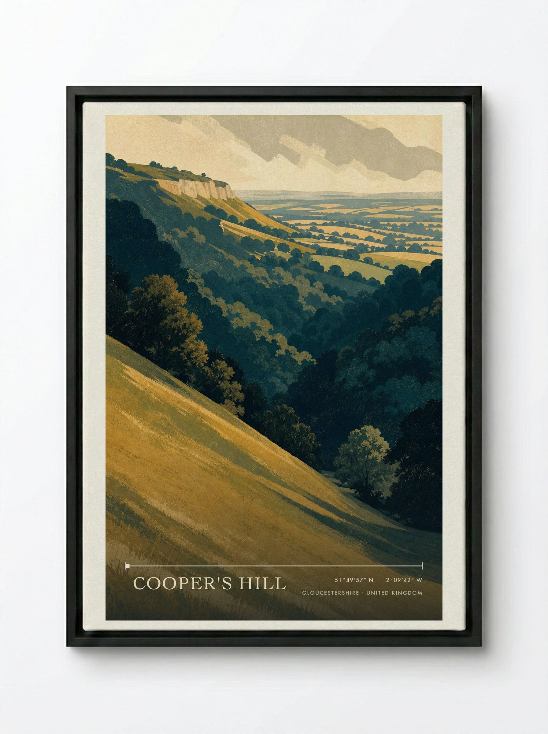Cooper's Hill Gloucestershire United Kingdom Travel Poster - Framed Canvas Black