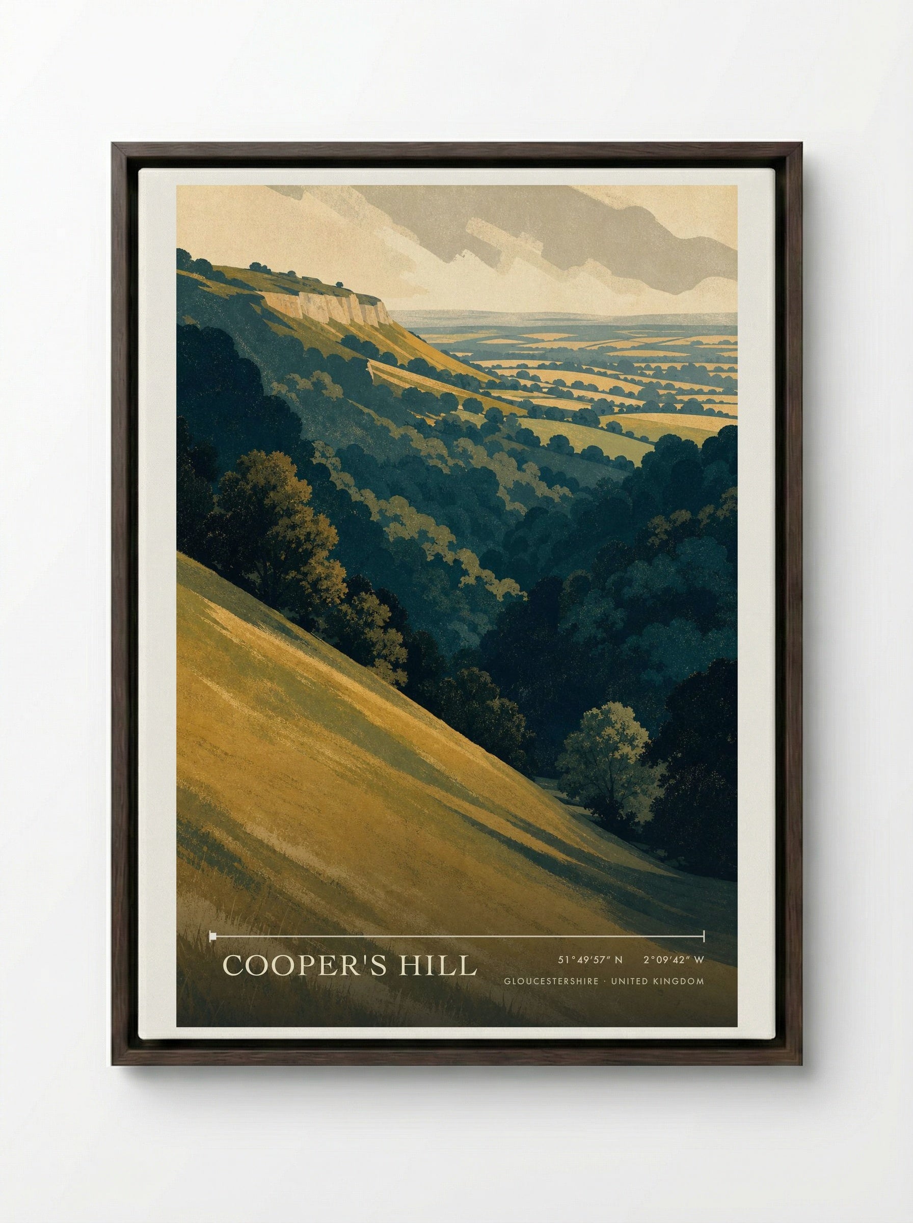 Cooper's Hill Gloucestershire United Kingdom Travel Poster - Framed Canvas Dark Wood