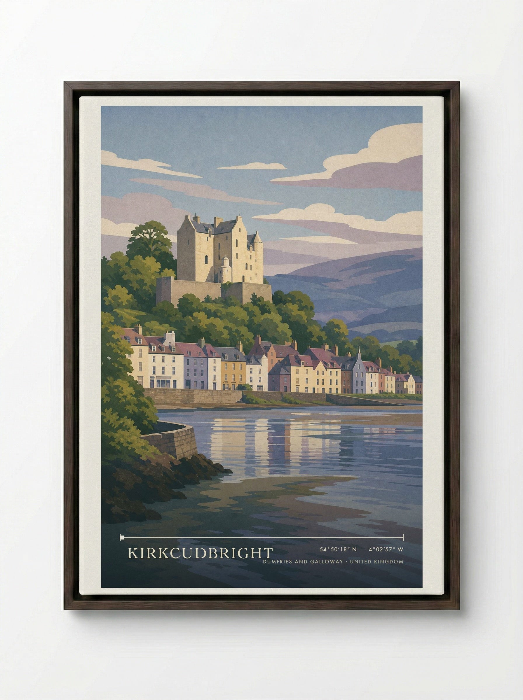 Kirkcudbright Dumfries and Galloway United Kingdom Travel Poster - Framed Canvas Dark Wood