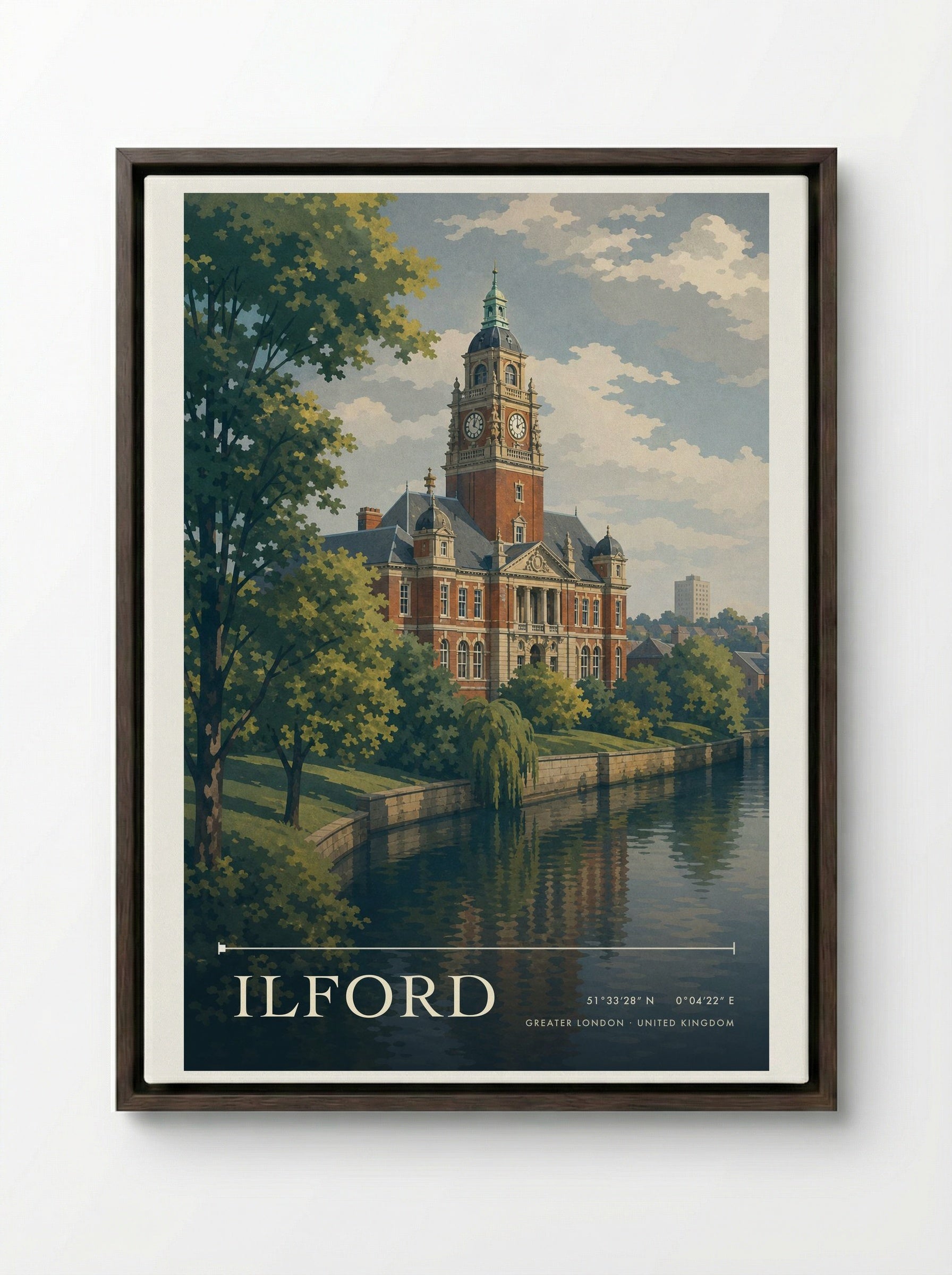 Ilford Greater London United Kingdom Travel Poster - Framed Canvas Dark Wood