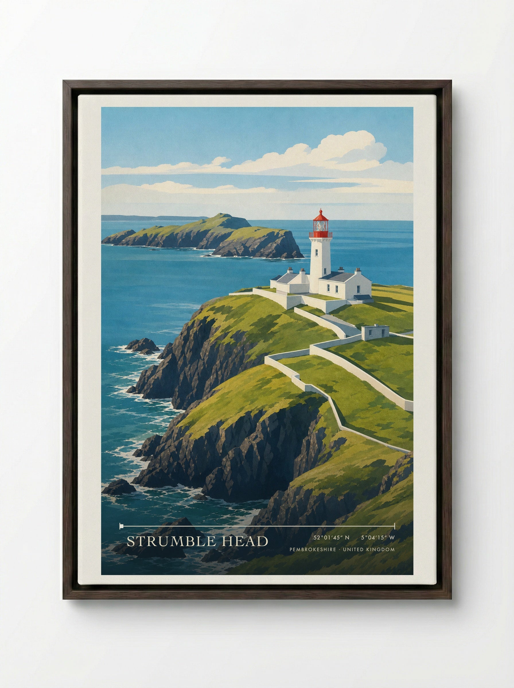Strumble Head Pembrokeshire United Kingdom Travel Poster - Framed Canvas Dark Wood