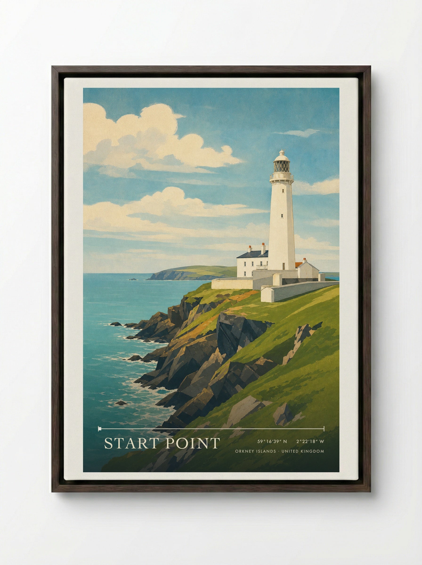 Start Point Orkney Islands United Kingdom Travel Poster - Framed Canvas Dark Wood
